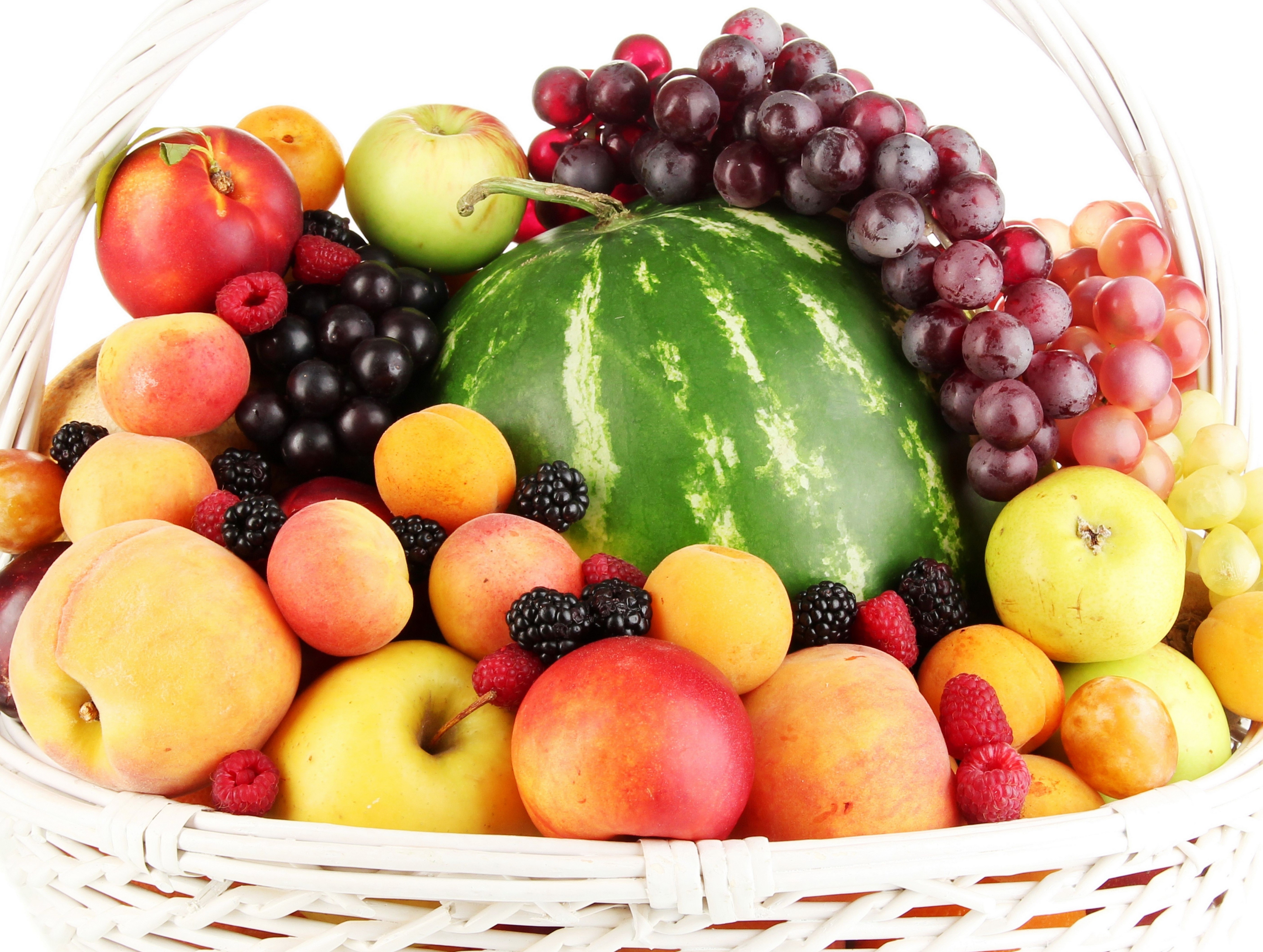 Fruit basket with watermelon, grapes, apples, and berries HD Wallpaper