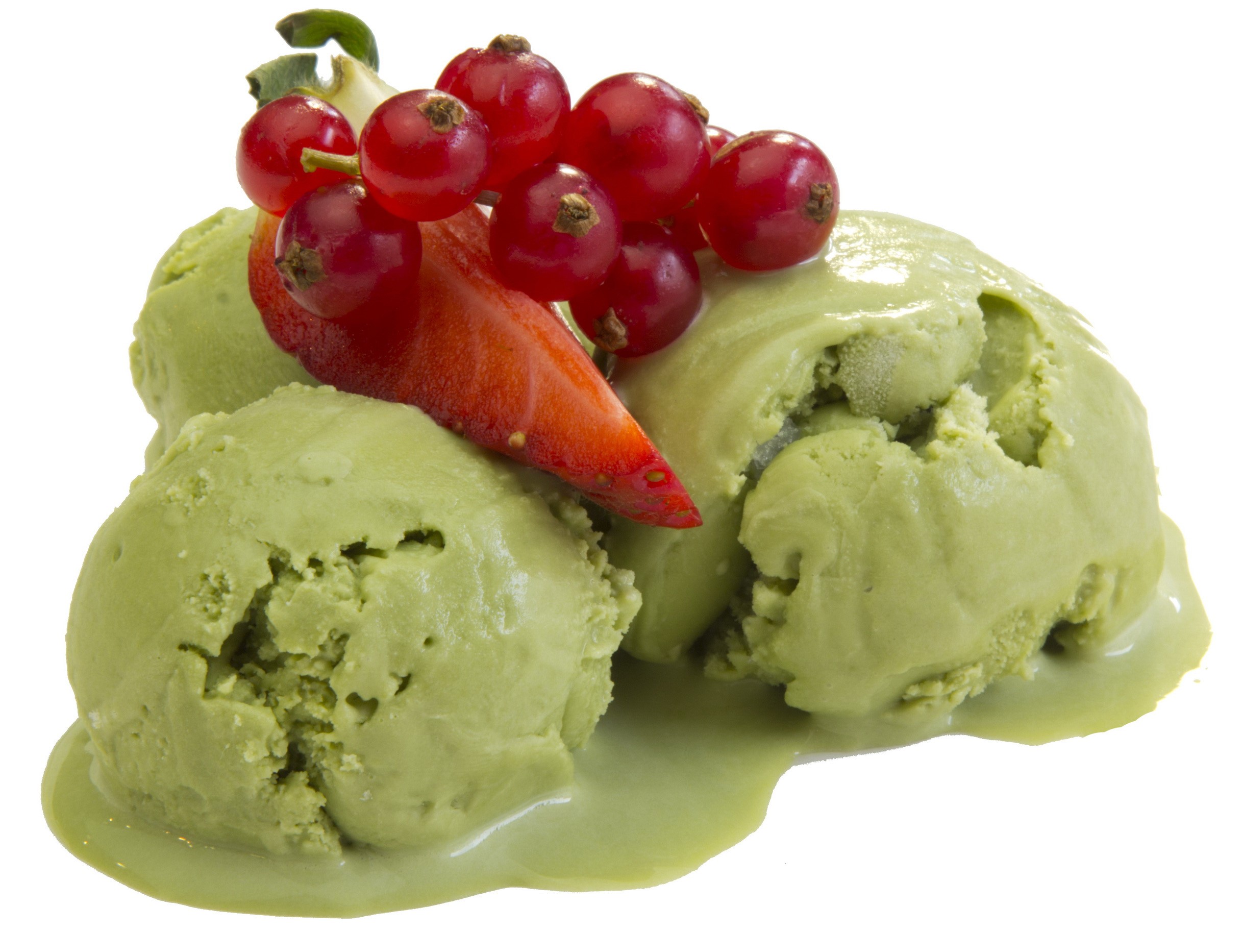 Green ice cream scoops with red currants and strawberry slice HD Wallpaper