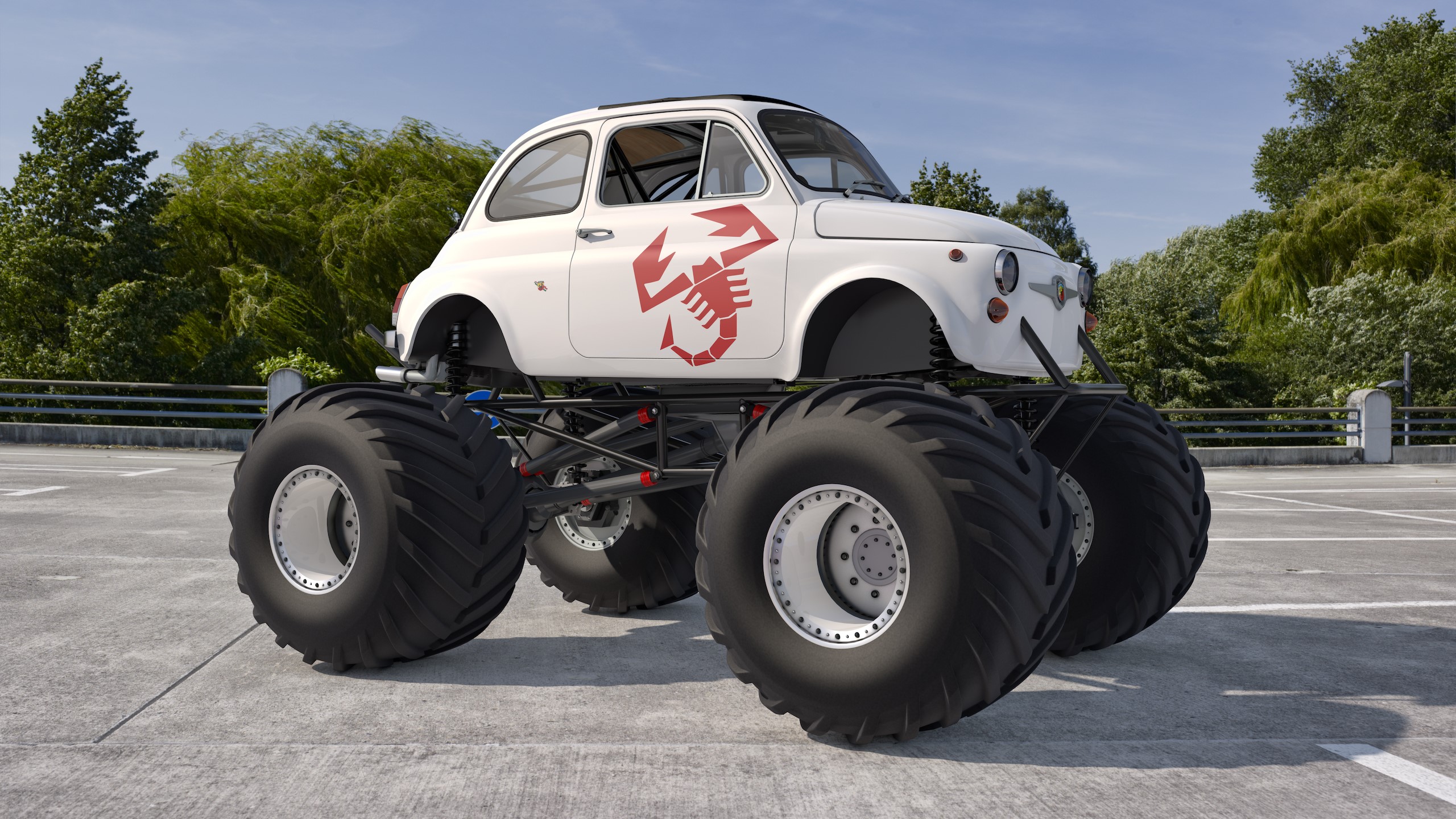 White Abarth 595 Monster Truck with Scorpion Logo HD Wallpaper