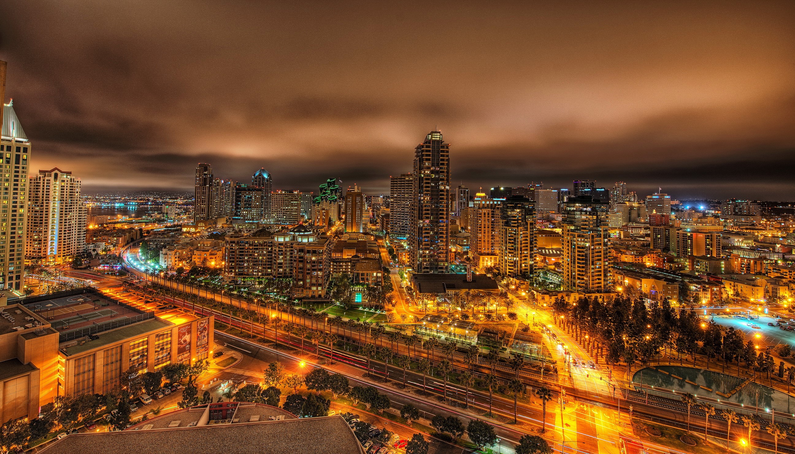 San Diego cityscape at night, California, USA HD Wallpaper