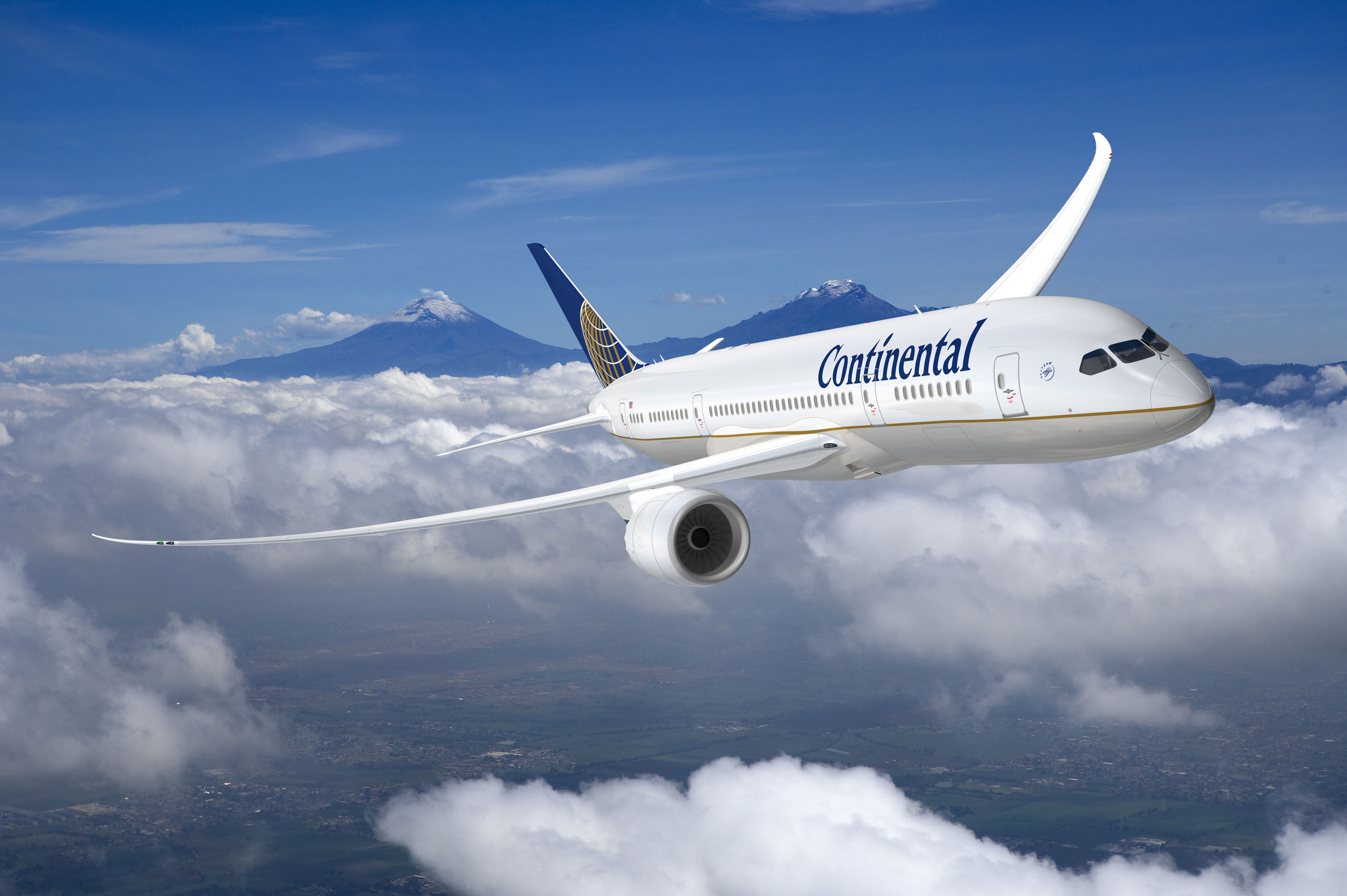 Continental Airplane Flying Above Clouds and Mountains HD Wallpaper