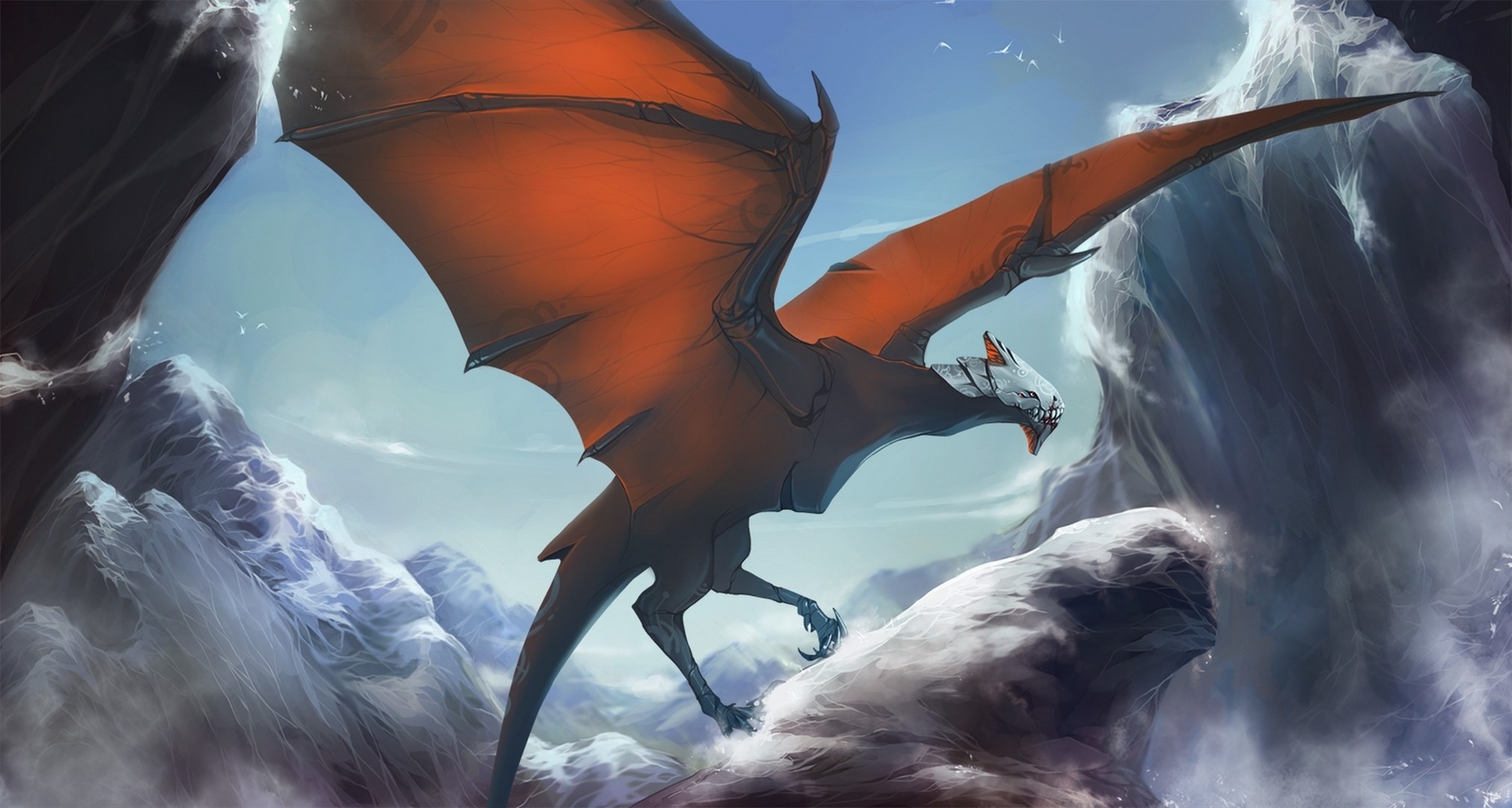 A dragon with orange wings flies through rocky mountains HD Wallpaper