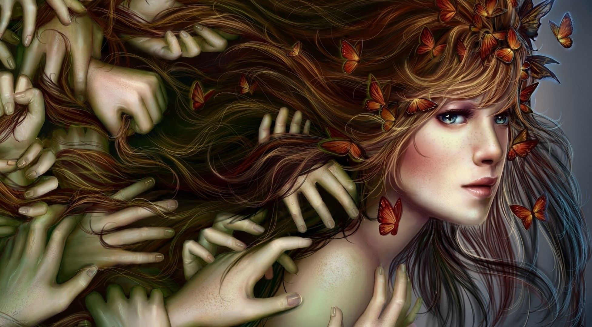 Woman with butterflies in her hair surrounded by hands HD Wallpaper