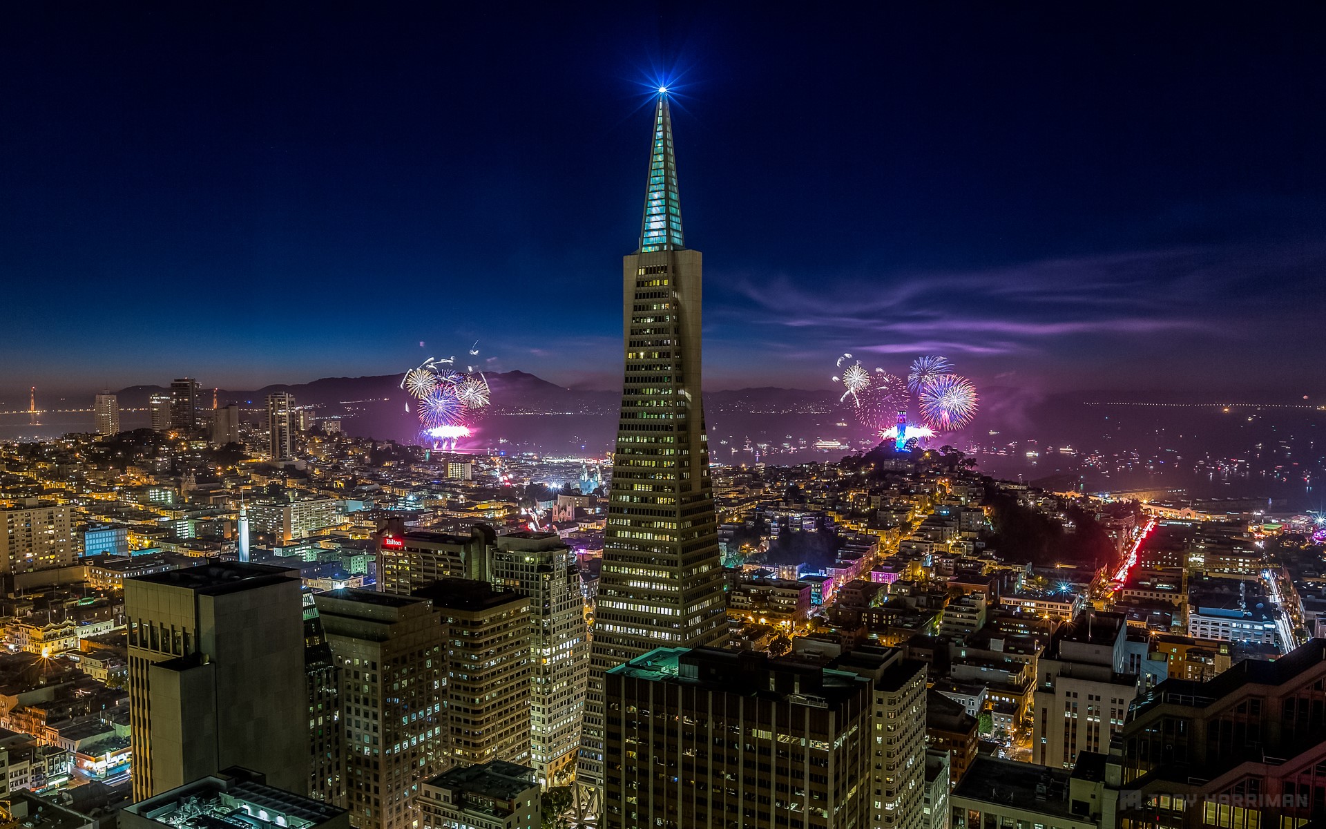 San Francisco Skyline with Fireworks at Night HD Wallpaper