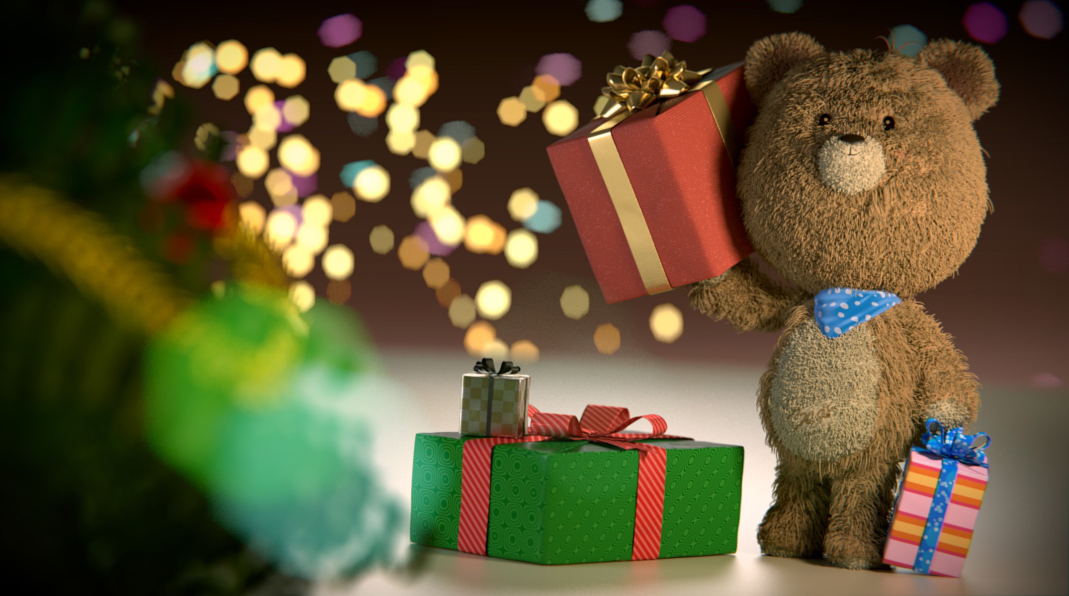 Teddy bear with Christmas gifts HD Wallpaper