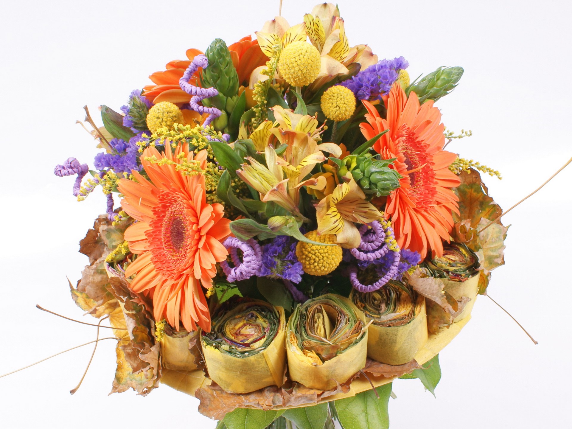 Autumn bouquet with orange gerberas and dried leaves HD Wallpaper