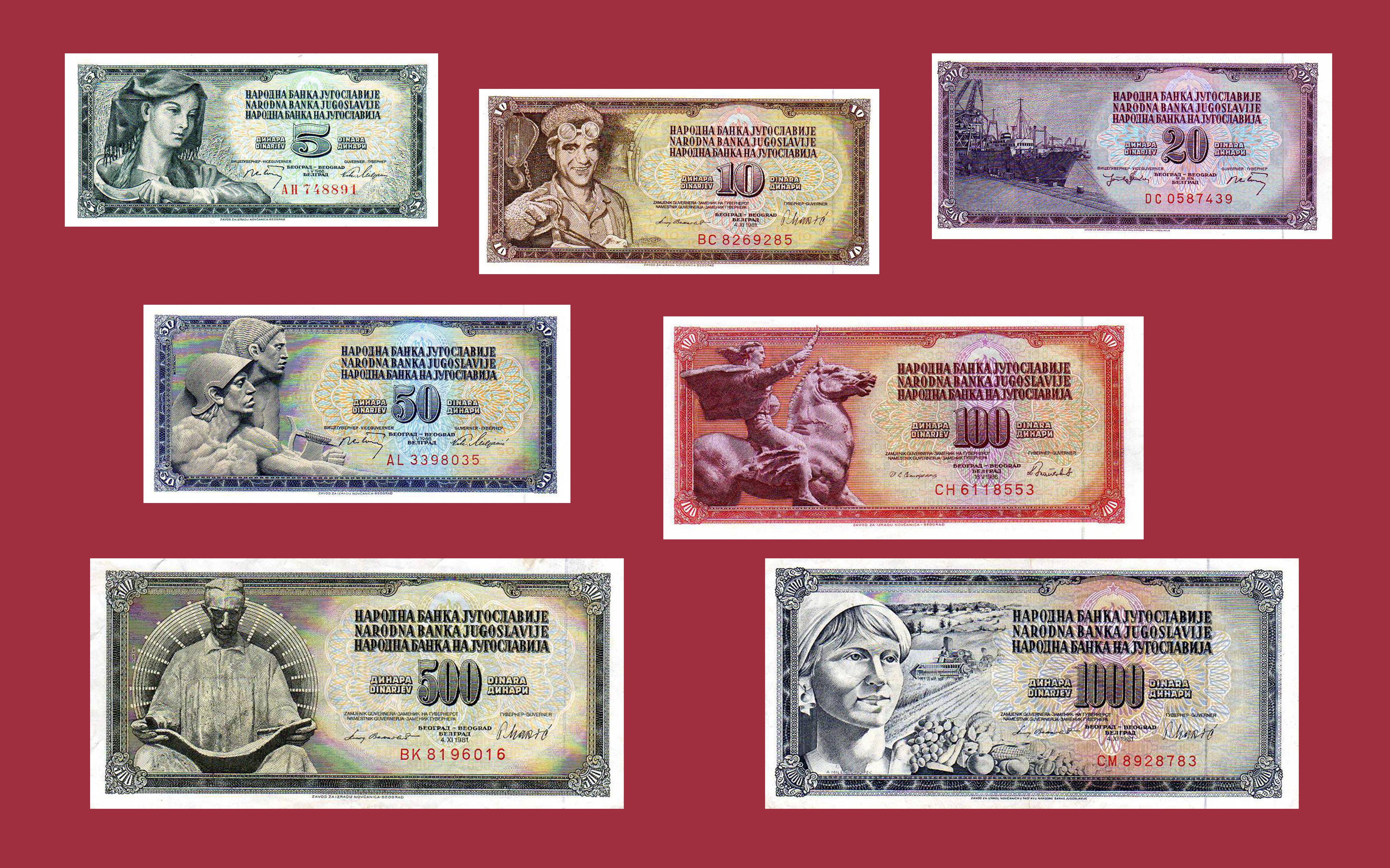 Yugoslavian Dinara Banknotes 5, 10, 20, 50, 100, 500, 1000 HD Wallpaper