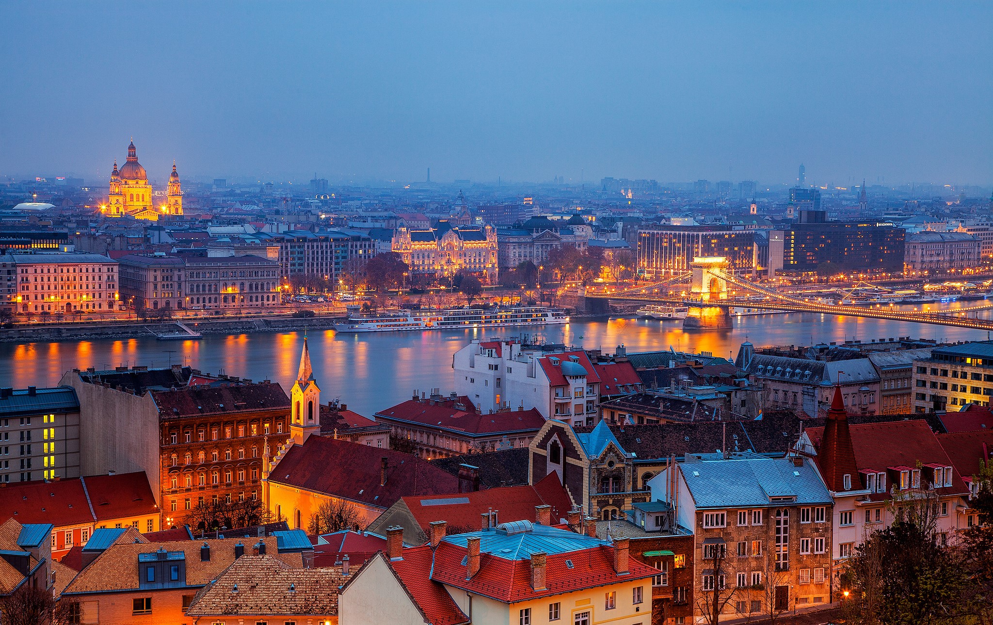 Budapest cityscape with Danube River and Chain Bridge at dusk HD Wallpaper