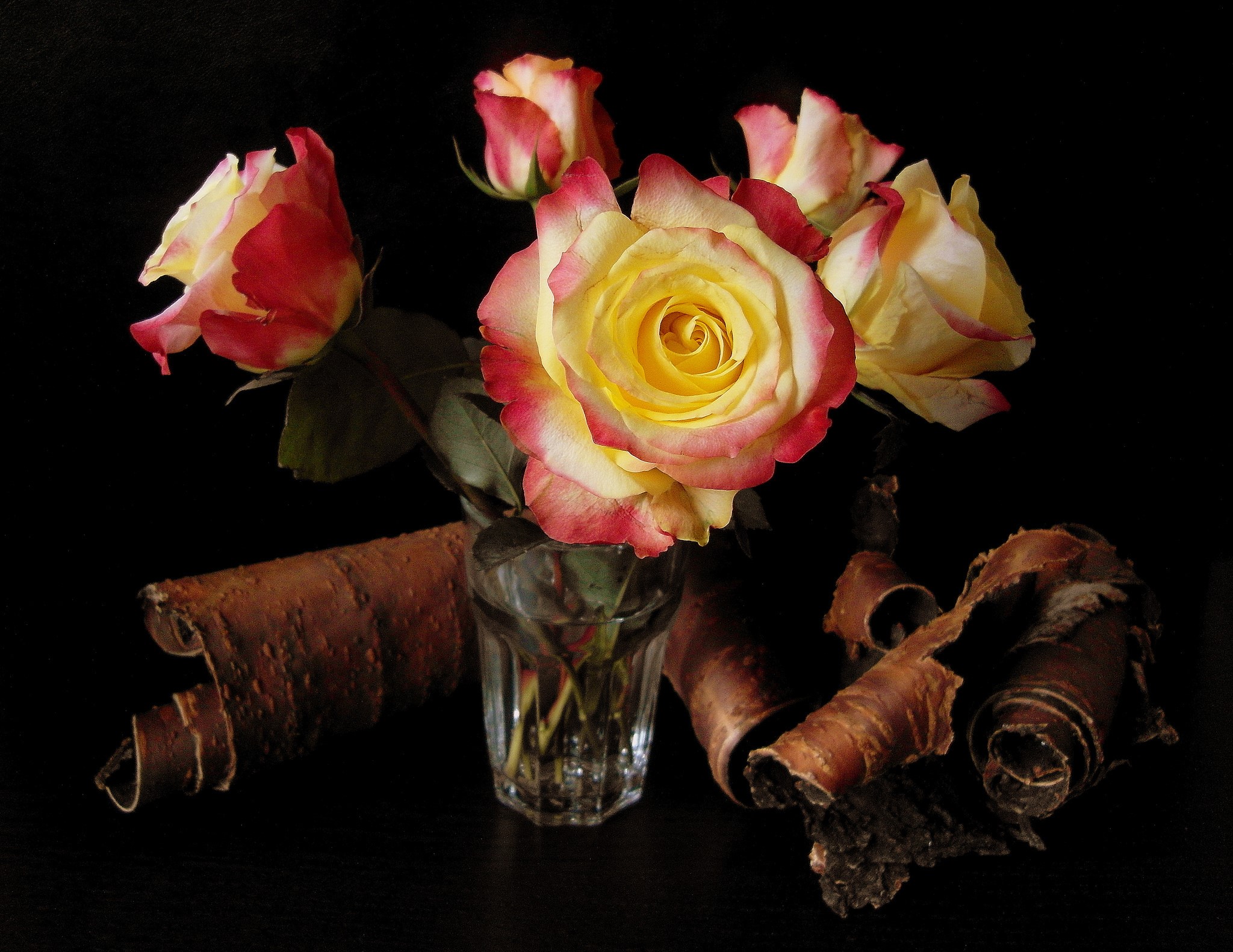 Yellow and red roses in a glass with bark HD Wallpaper