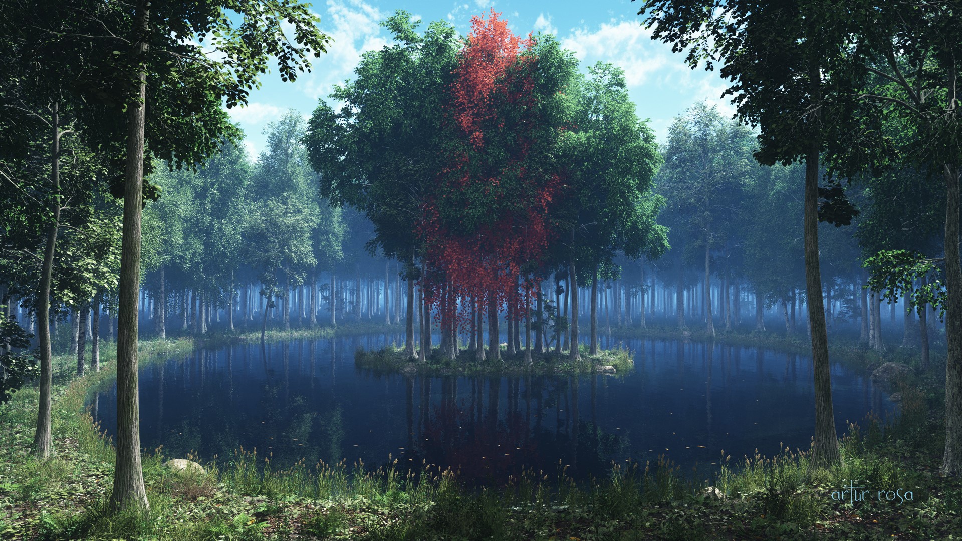 Island with red and green trees in a lake HD Wallpaper
