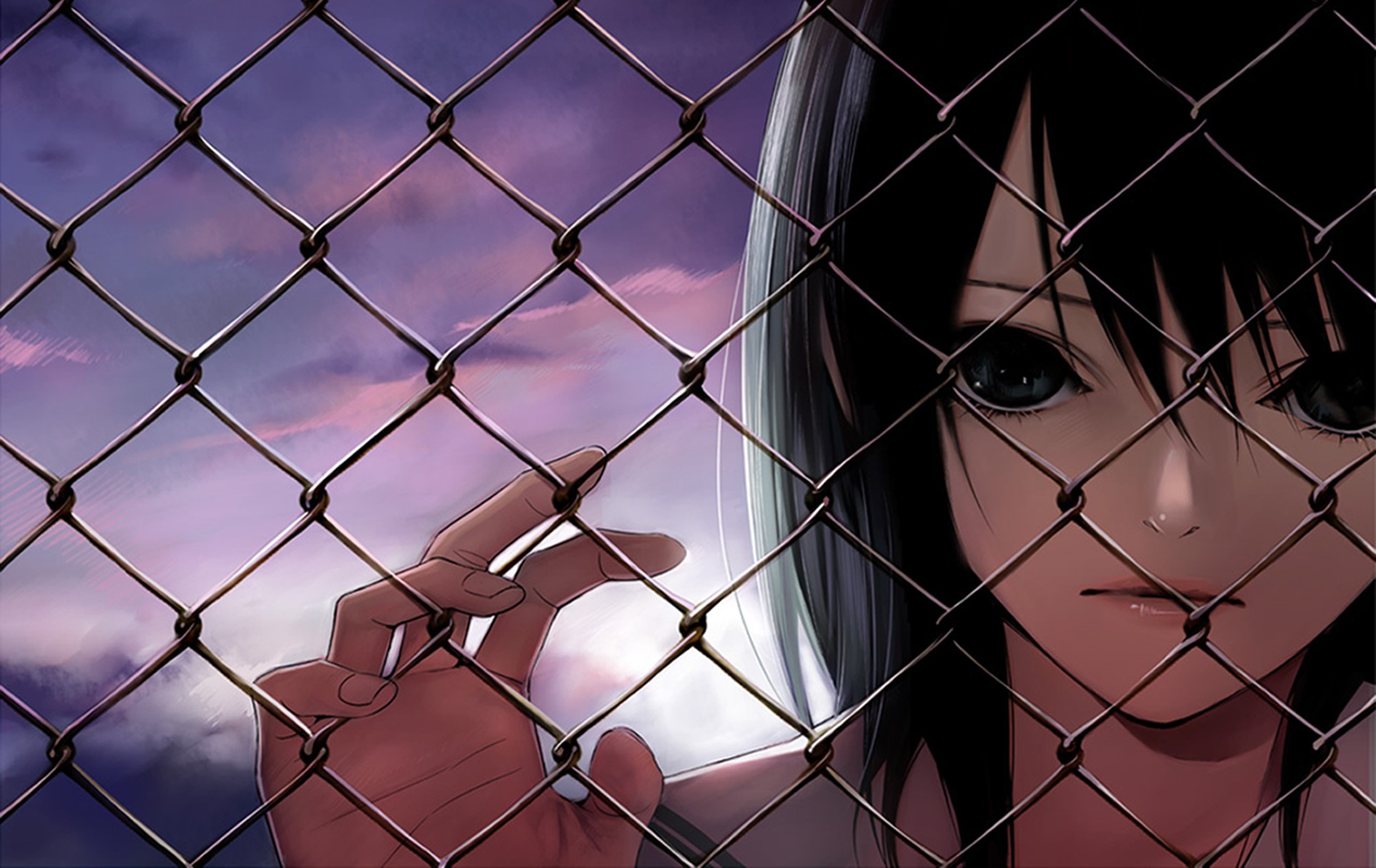 Brunette girl behind a chain-link fence HD Wallpaper