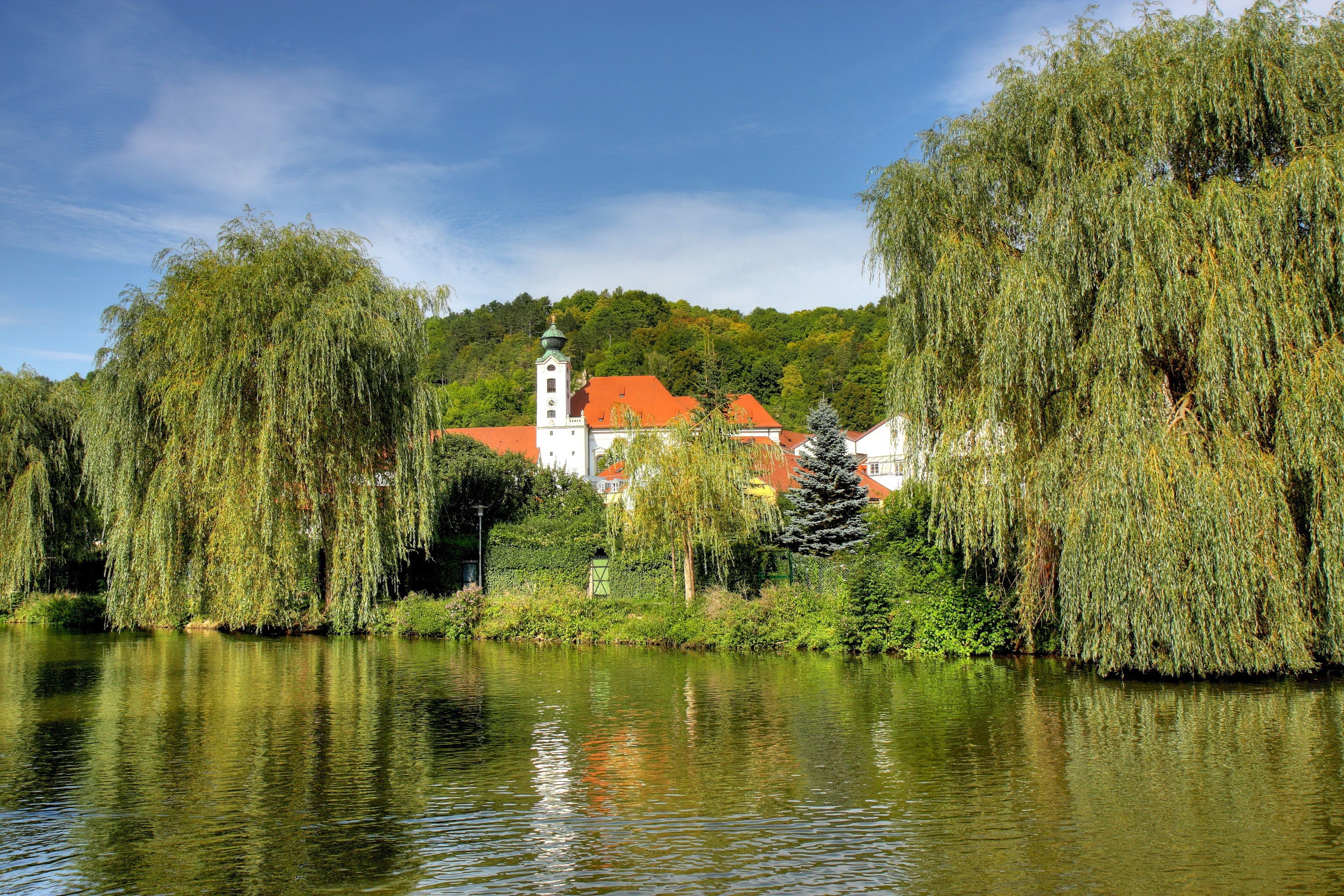 River with Monastery and Weeping Willows in Bavaria, Germany HD Wallpaper