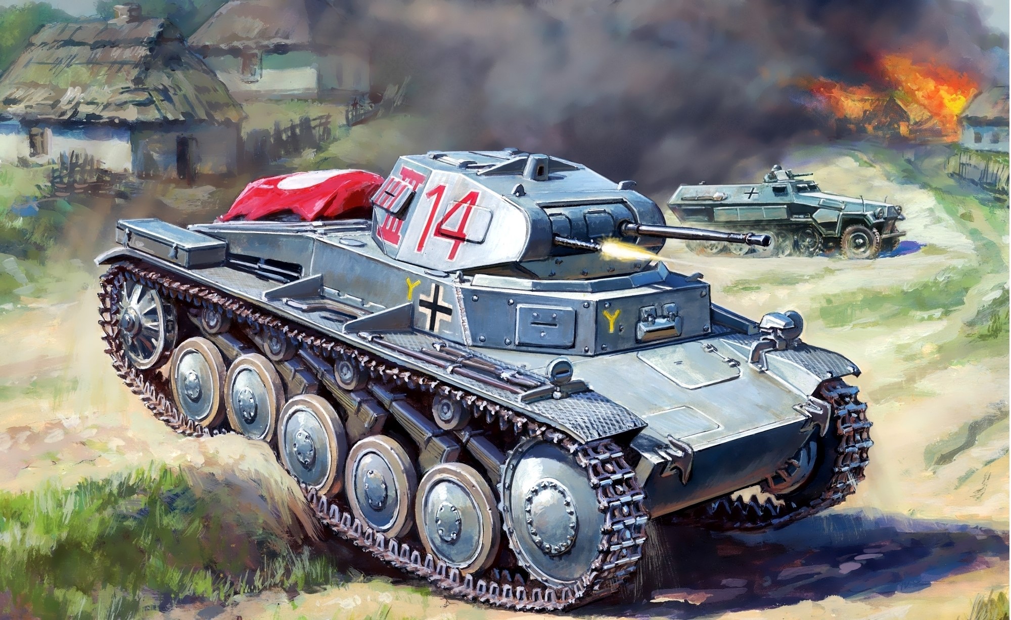 Painting of a German tank in a village battle HD Wallpaper