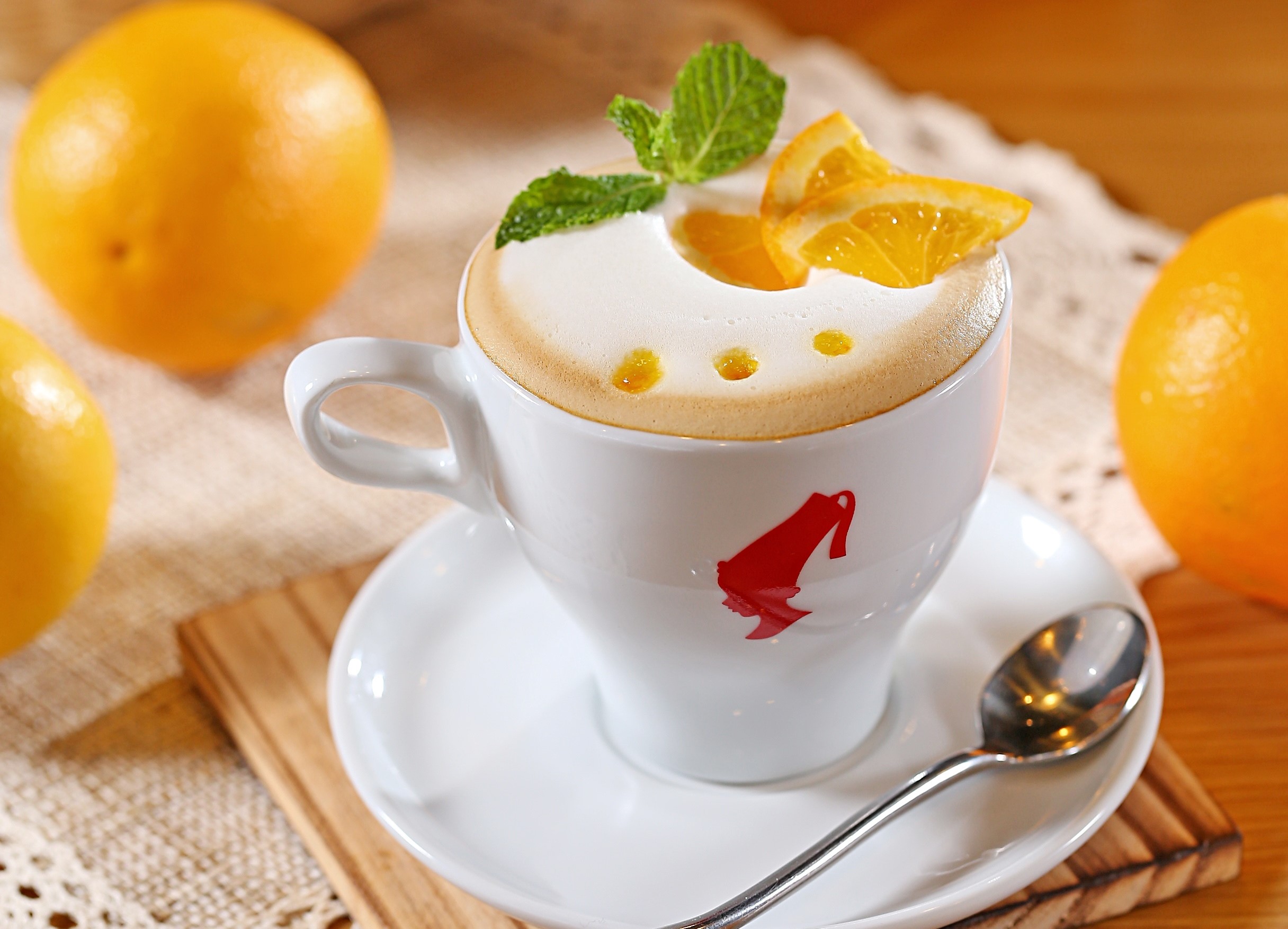 Coffee with orange and mint garnish HD Wallpaper