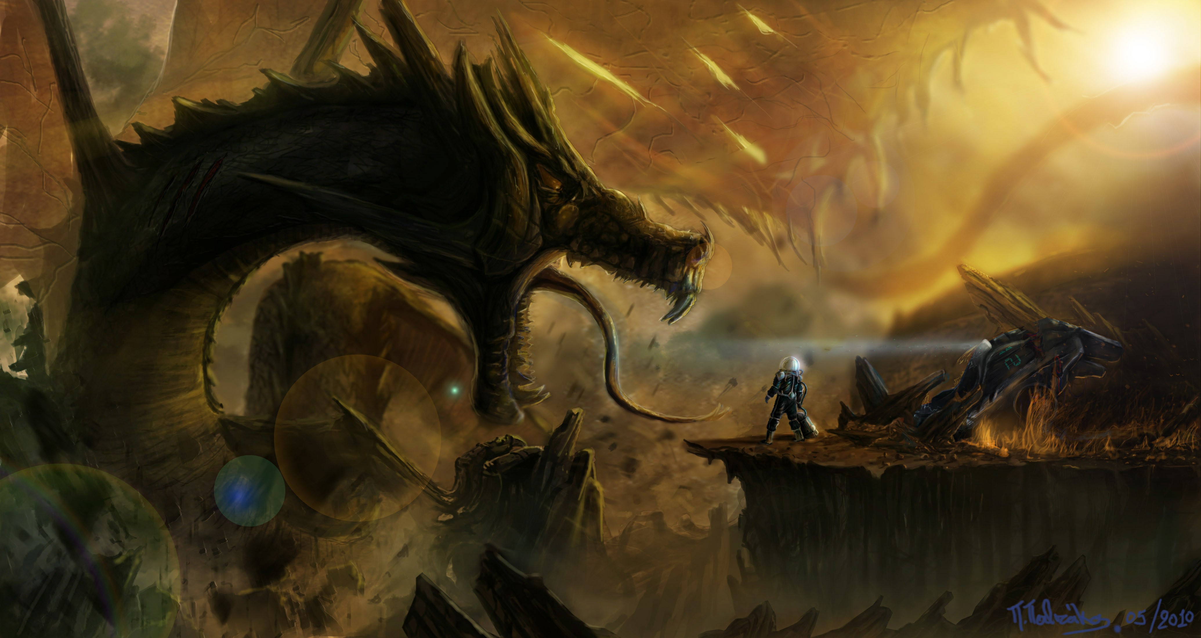 Giant Dragon Attacks Astronaut in Fantastic World HD Wallpaper