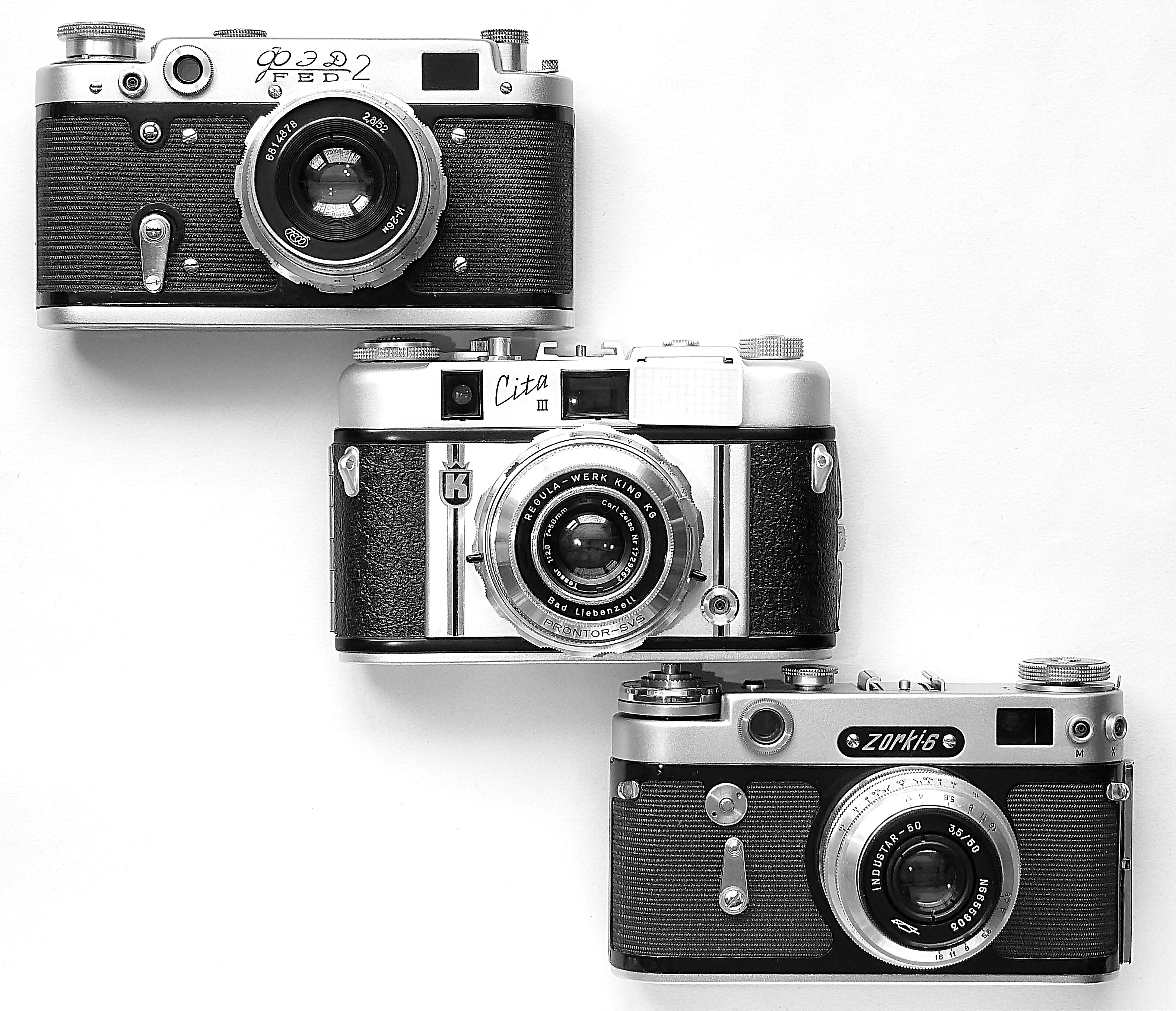 FED 2, Cita III, and Zorki-6 cameras HD Wallpaper