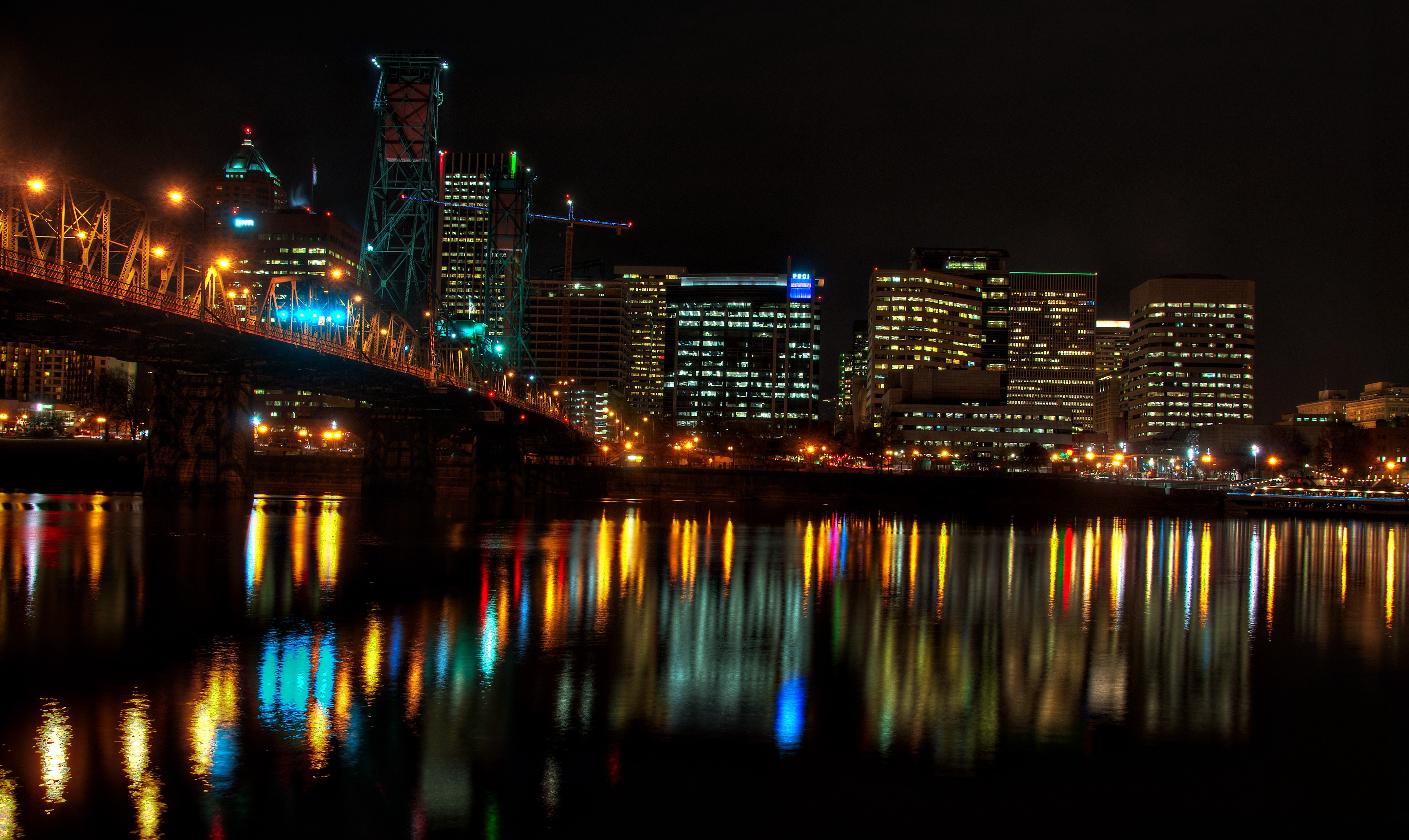 Portland Skyline and Bridge at Night HD Wallpaper