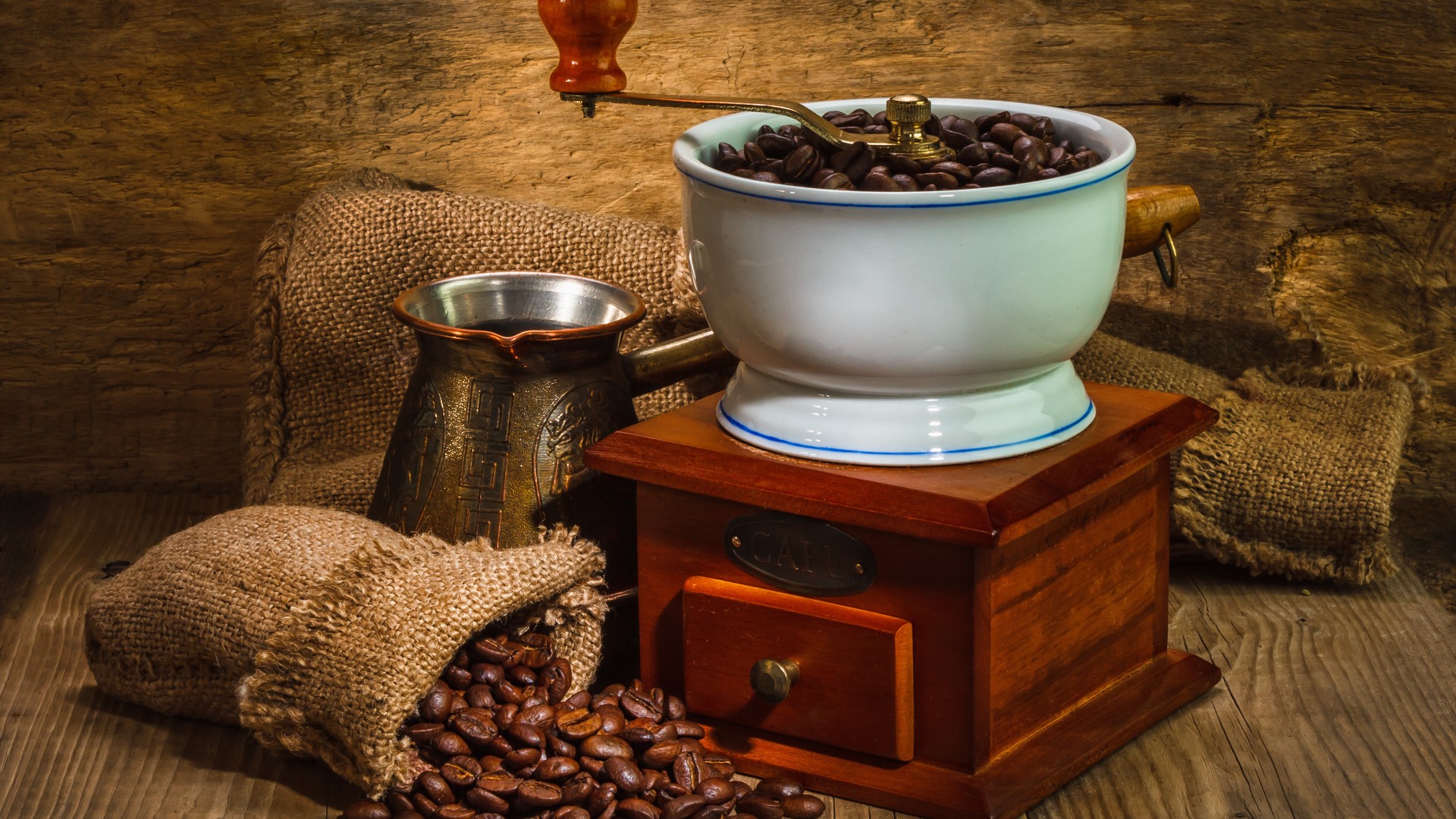 Coffee beans, grinder, cezve, and burlap sacks HD Wallpaper
