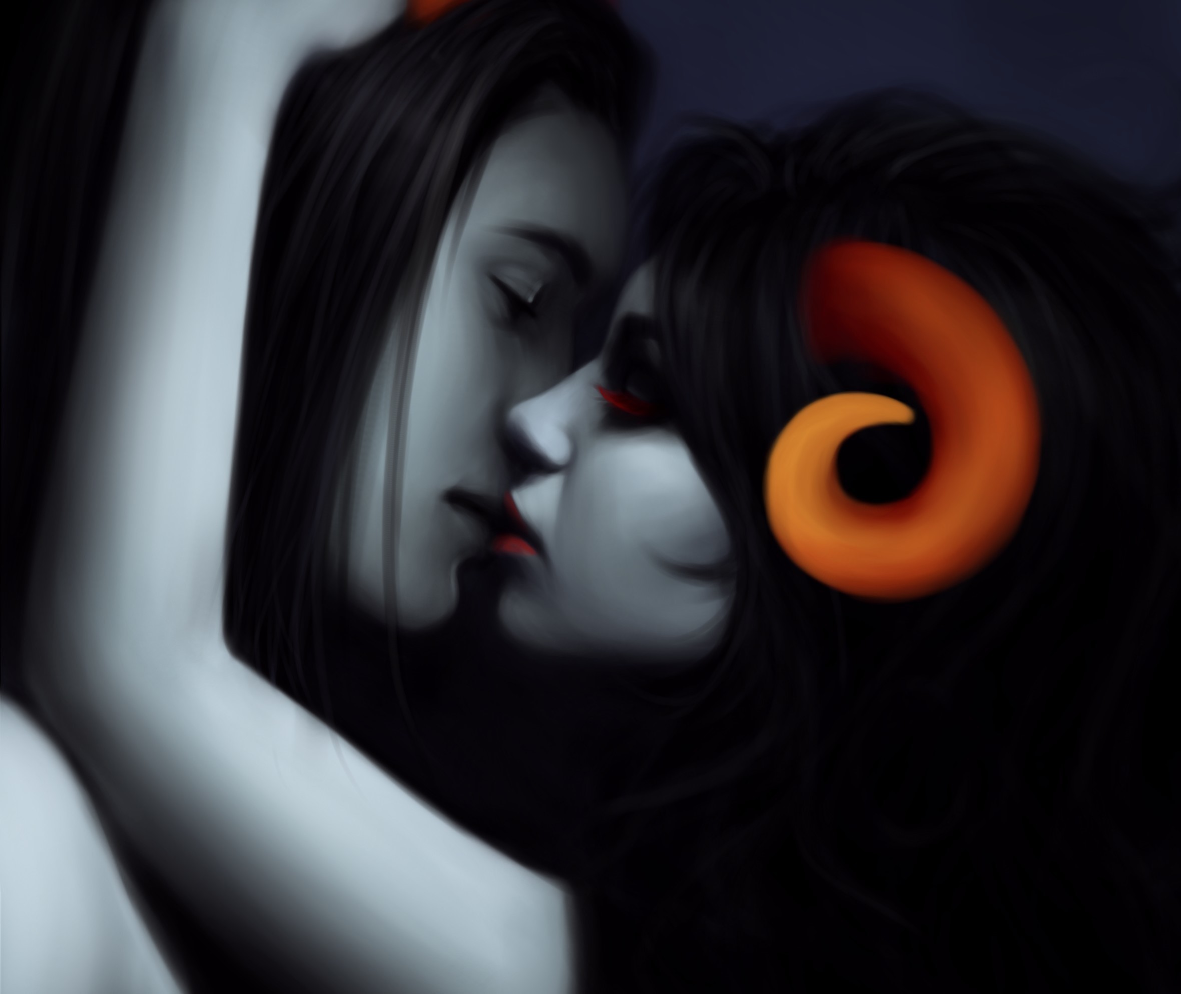 Two women kissing, one with horns HD Wallpaper