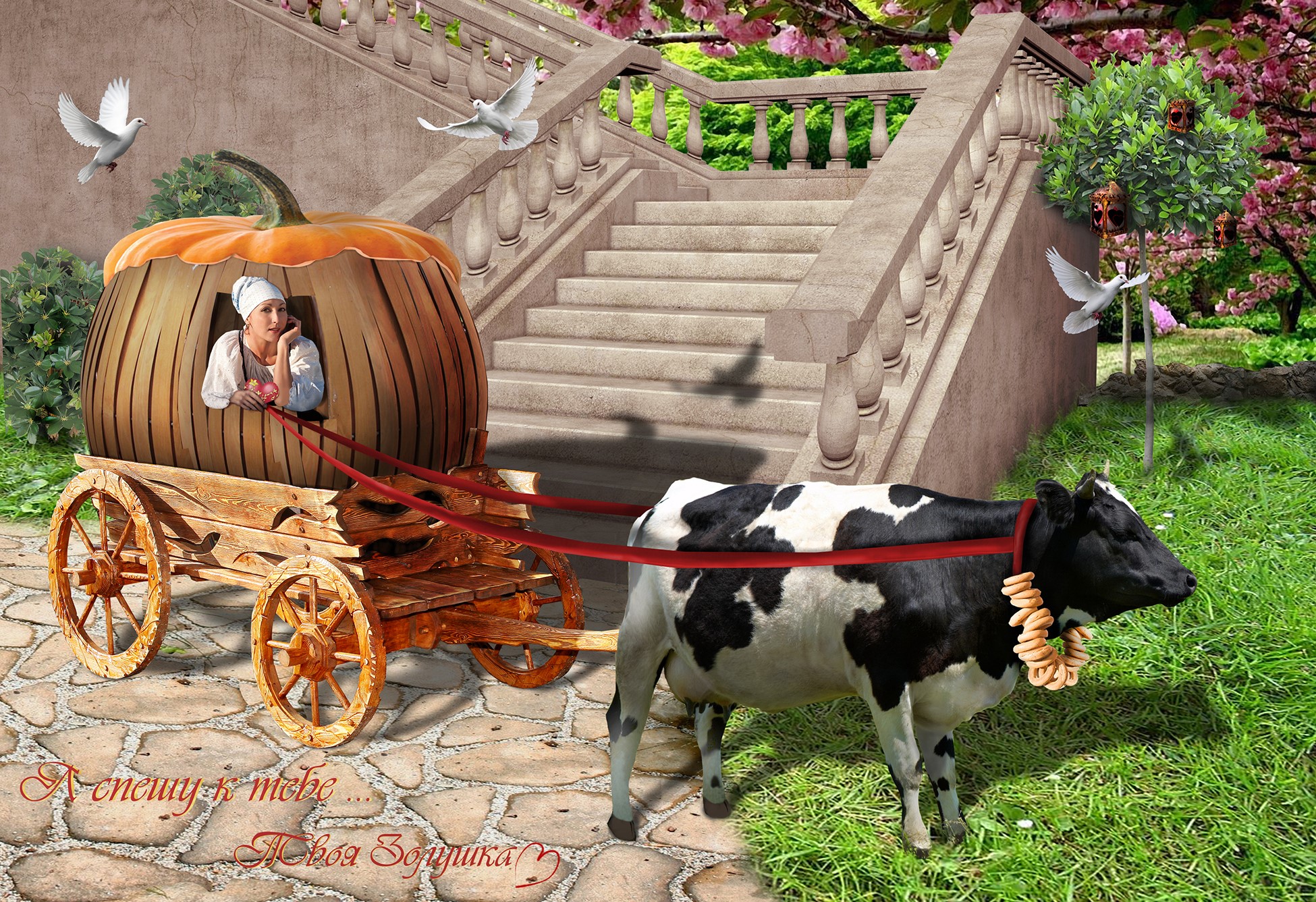 Woman in pumpkin carriage pulled by cow HD Wallpaper
