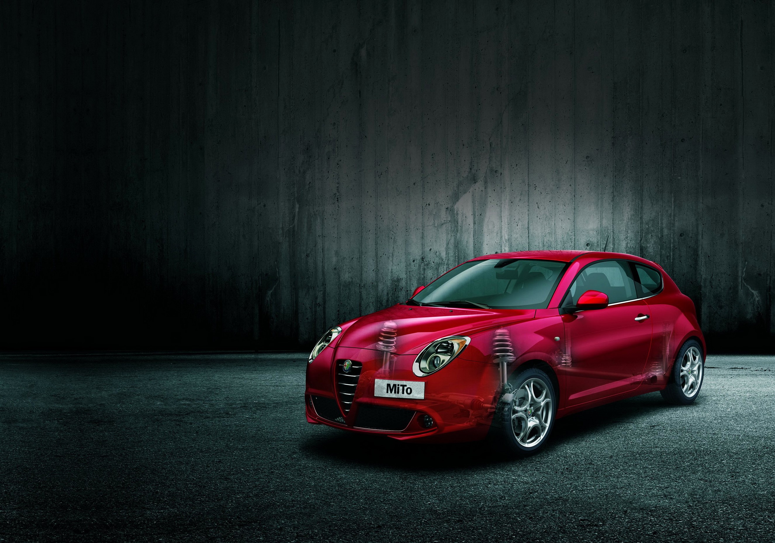 Red Alfa Romeo MiTo with visible suspension HD Wallpaper