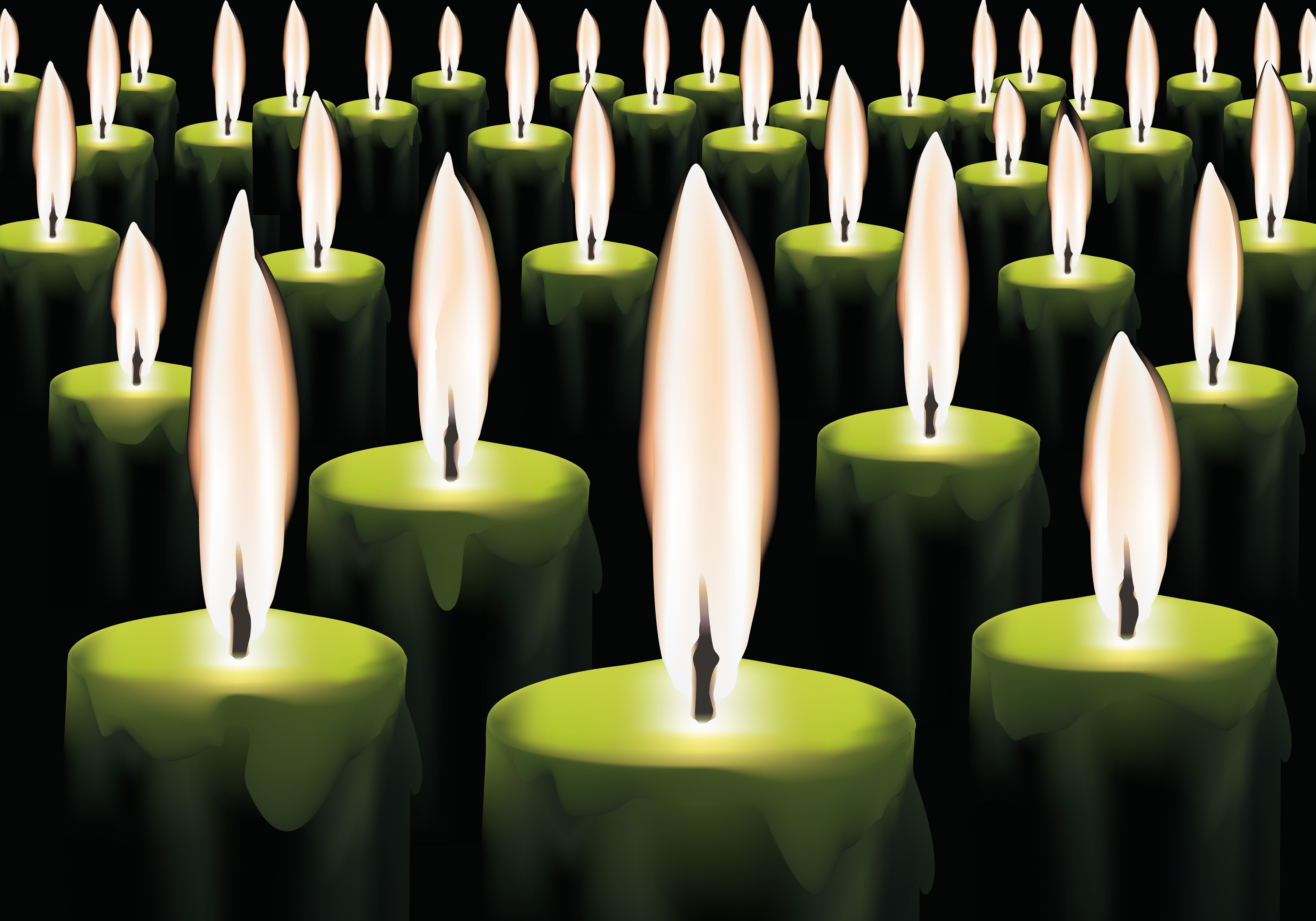 Many green candles with flames HD Wallpaper