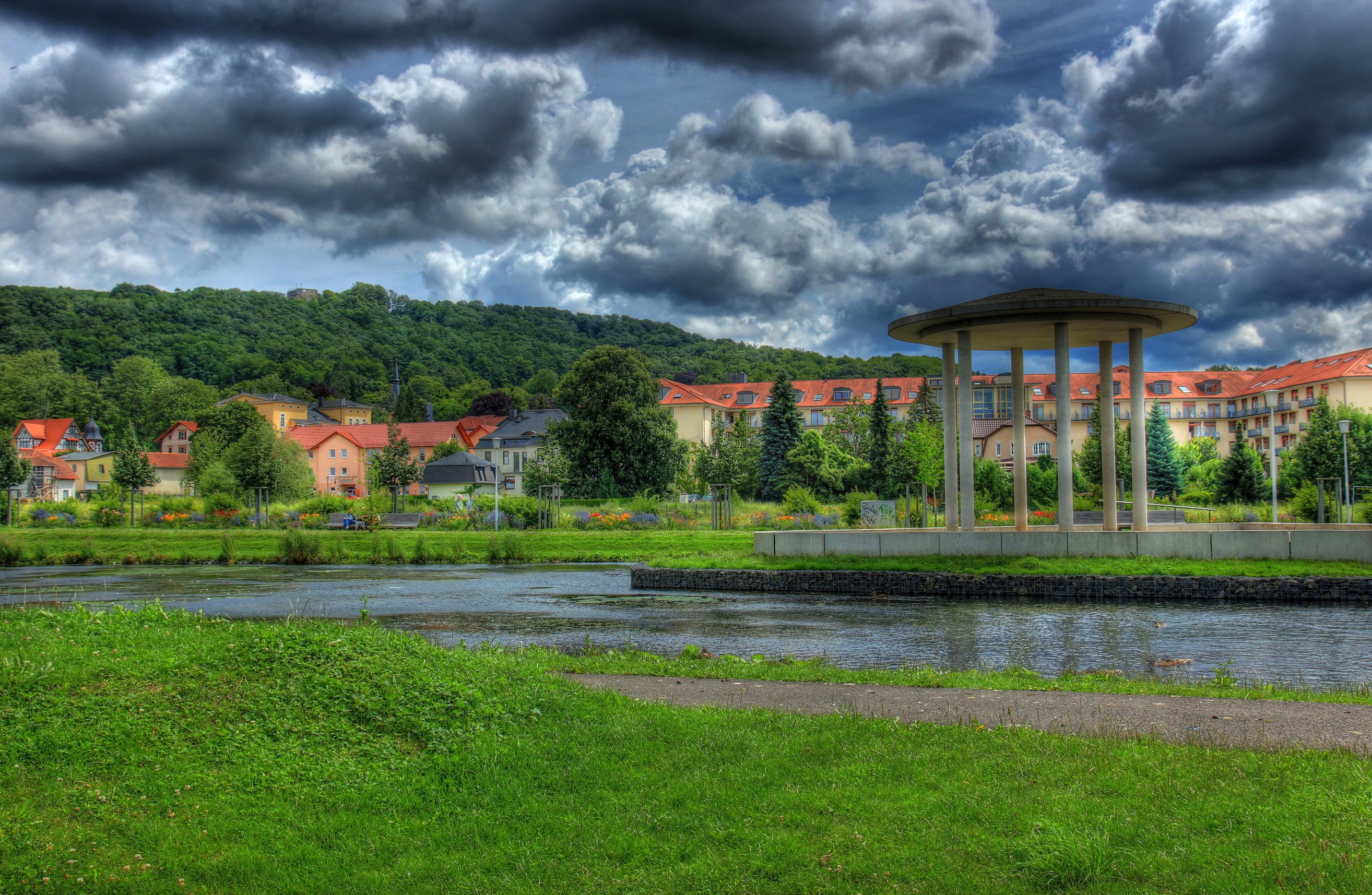 Bad Liebenstein, Germany with dramatic clouds and a gazebo HD Wallpaper