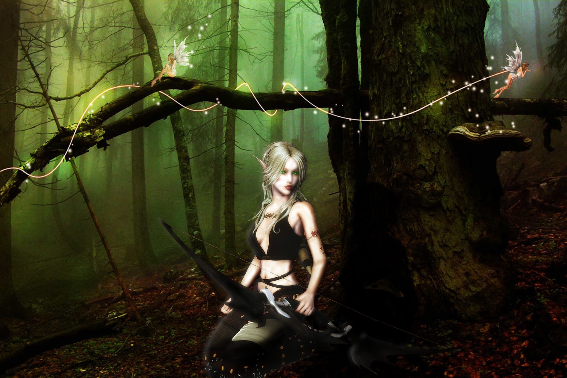 Elf archer with fairies in a misty forest HD Wallpaper