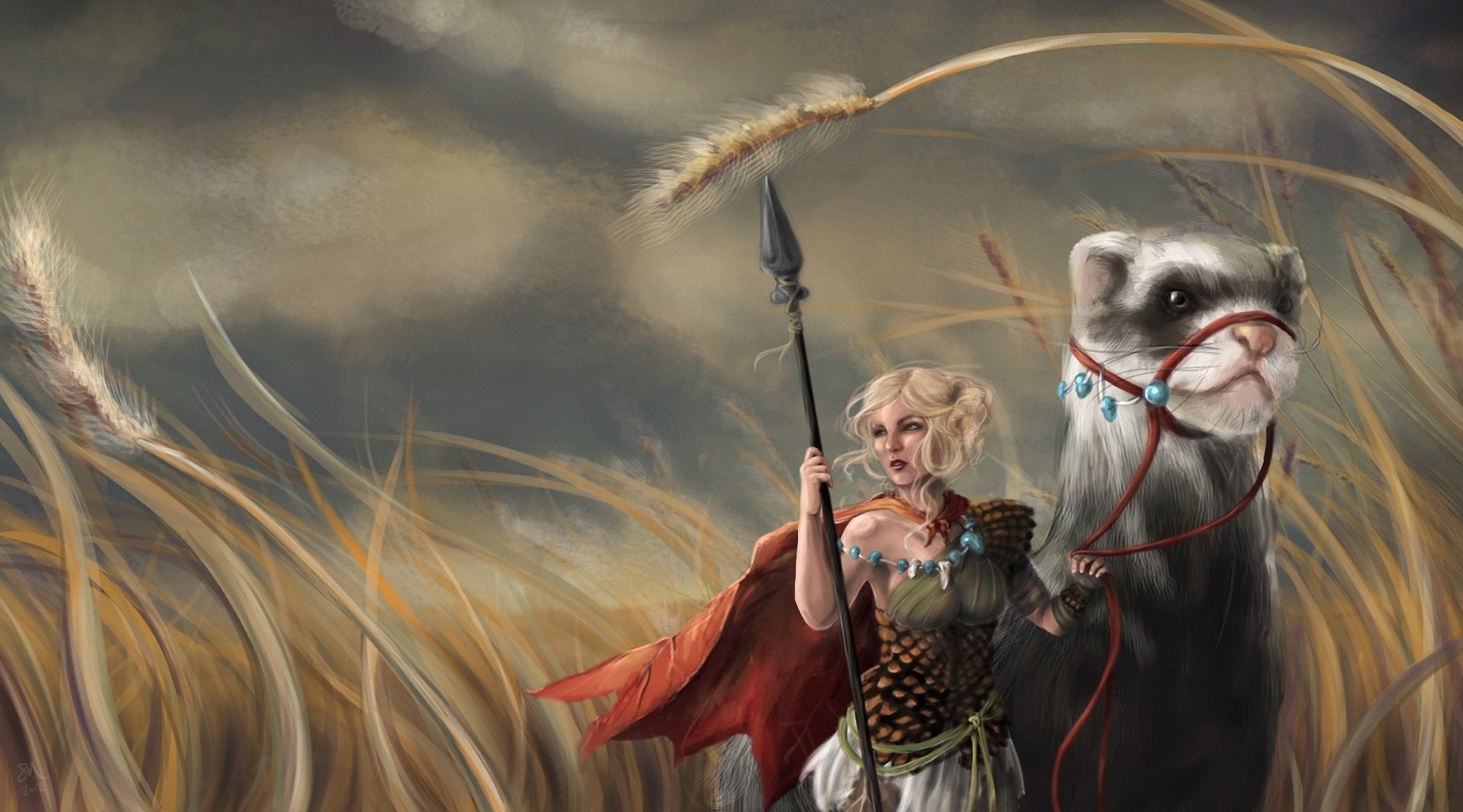 Woman warrior with spear and ferret in tall grass HD Wallpaper