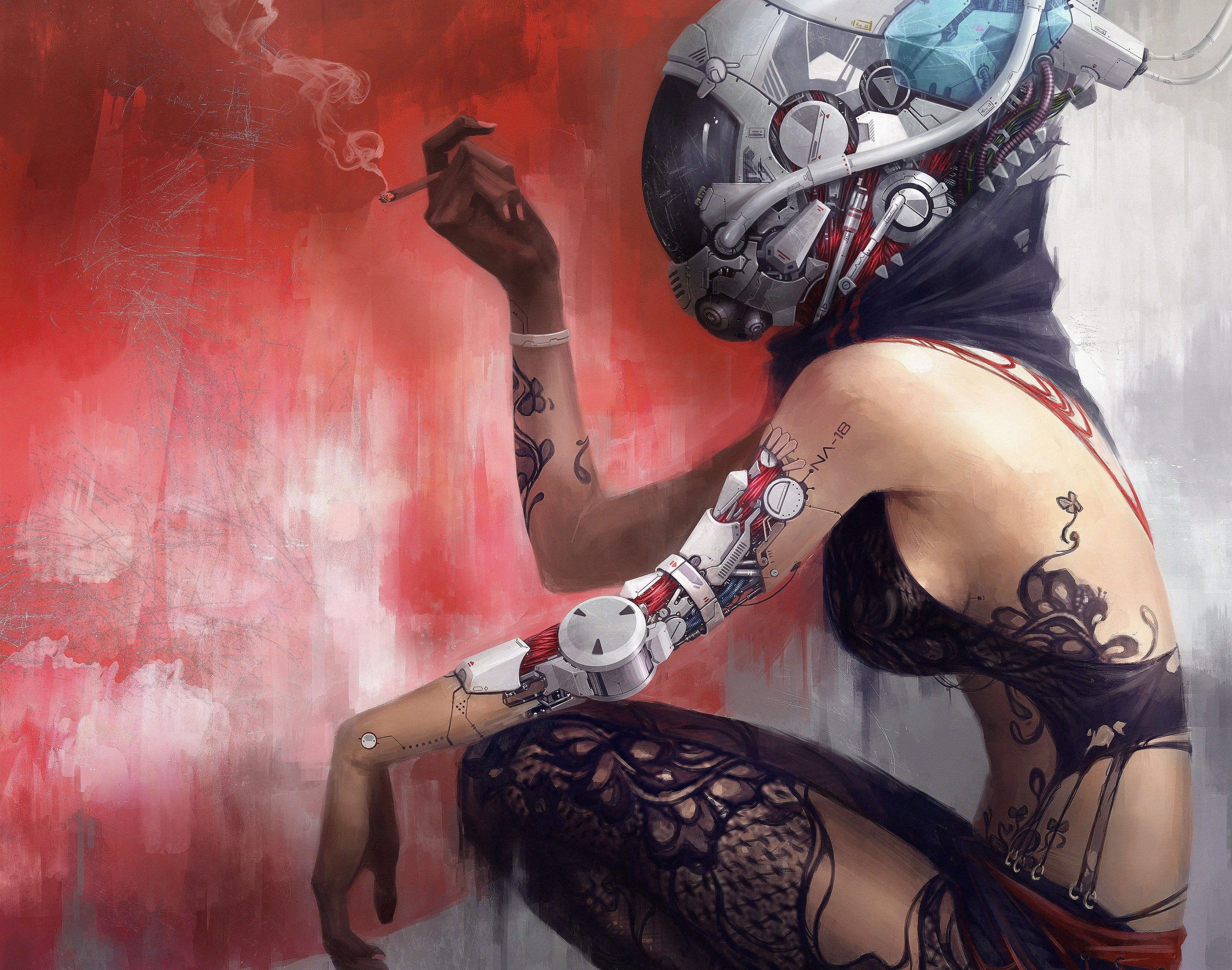 Woman with cybernetic arm and helmet smoking HD Wallpaper