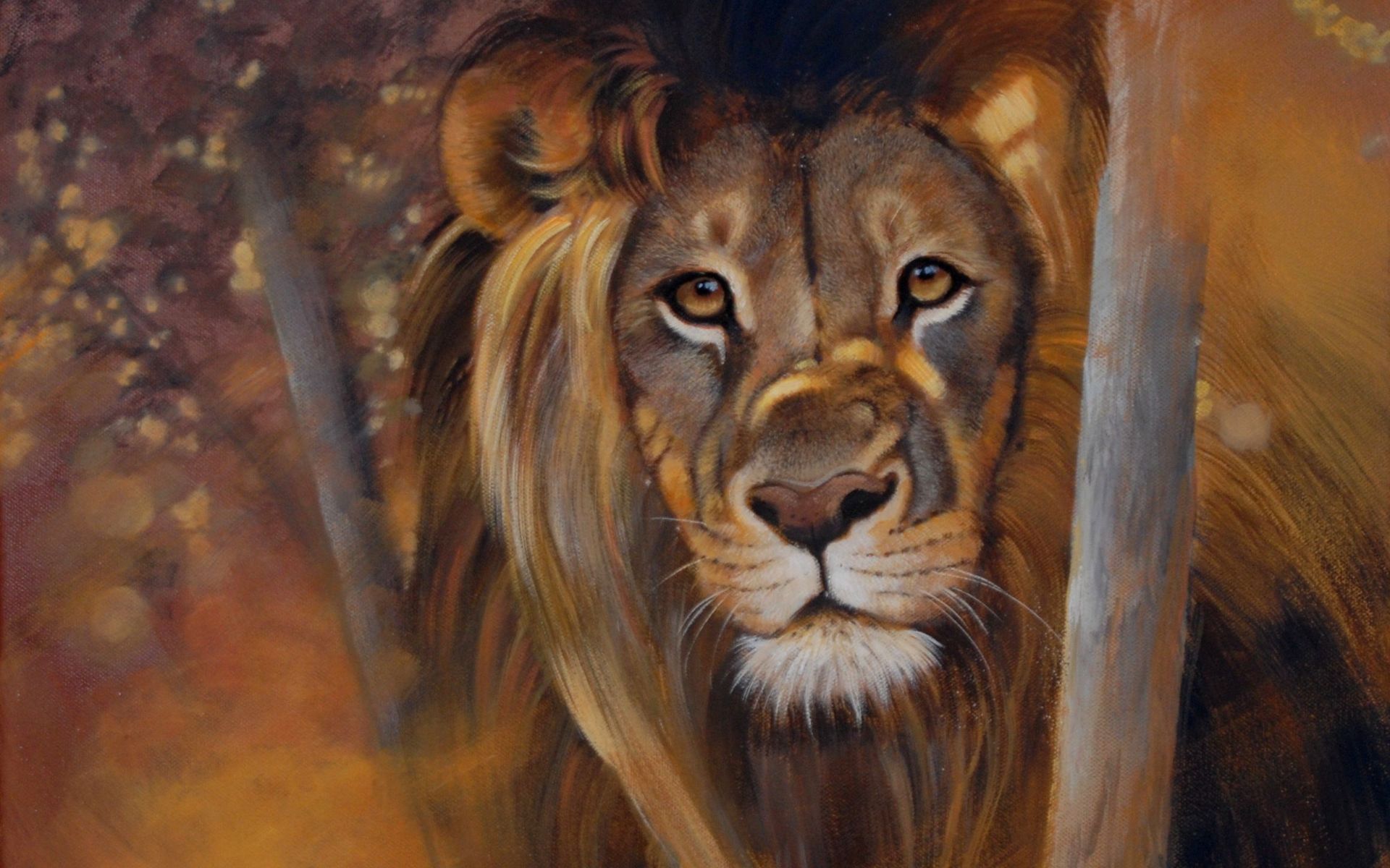 Painting of a lion's face with a mane HD Wallpaper