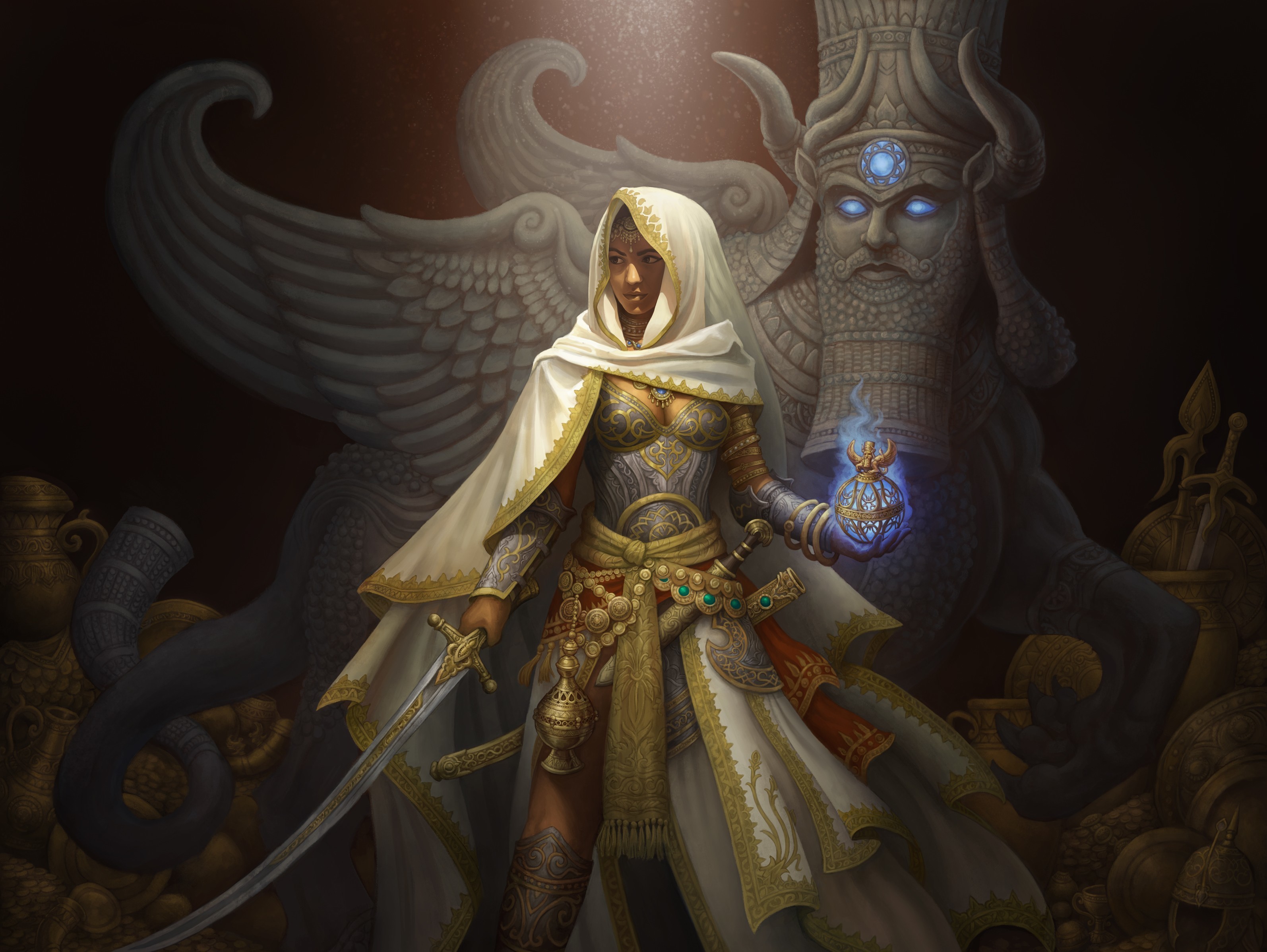 Woman with magic orb and sword before ancient statue HD Wallpaper