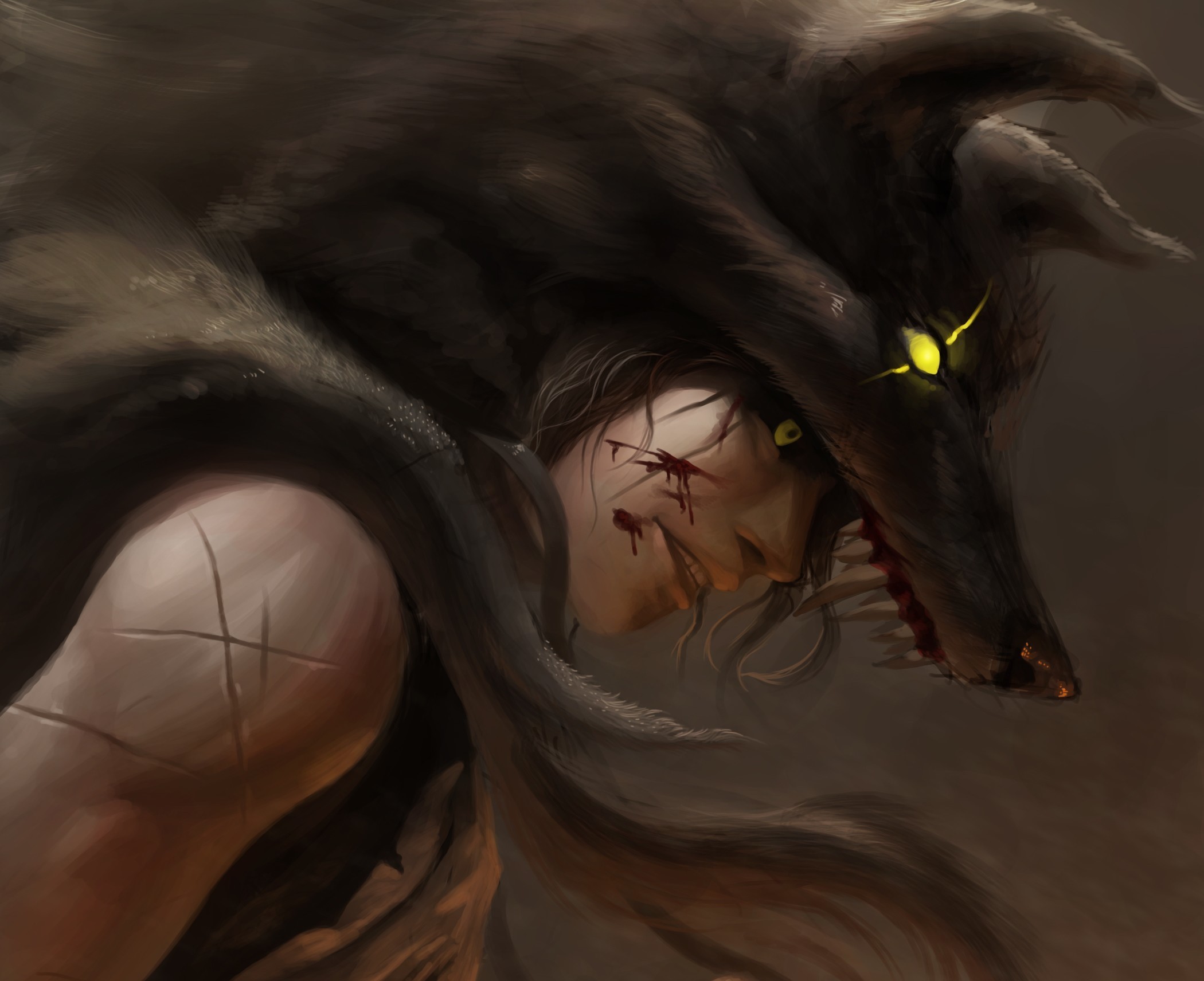 Man wearing a wolf pelt with glowing eyes HD Wallpaper