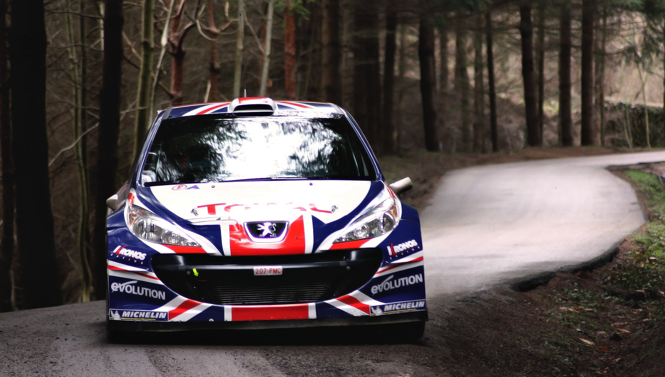 Peugeot rally car with Union Jack livery on a forest road HD Wallpaper