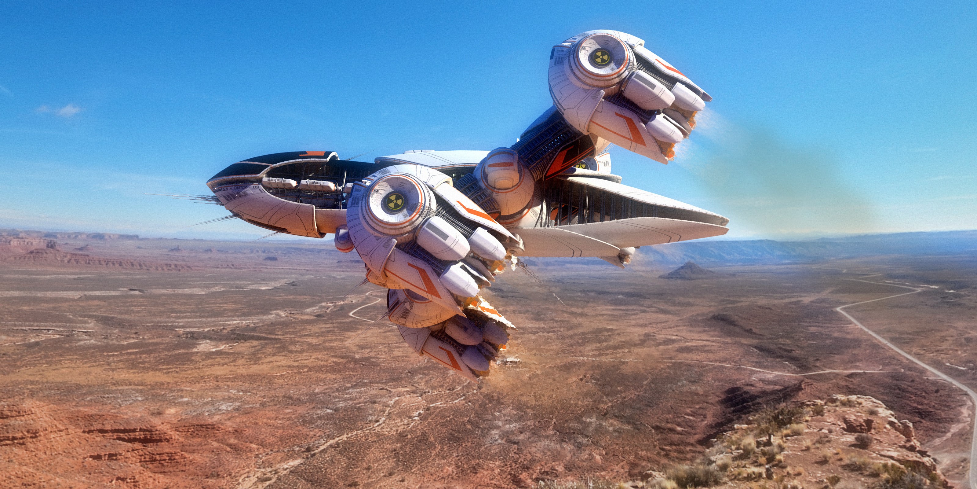 Futuristic spaceship flying over a desert landscape HD Wallpaper