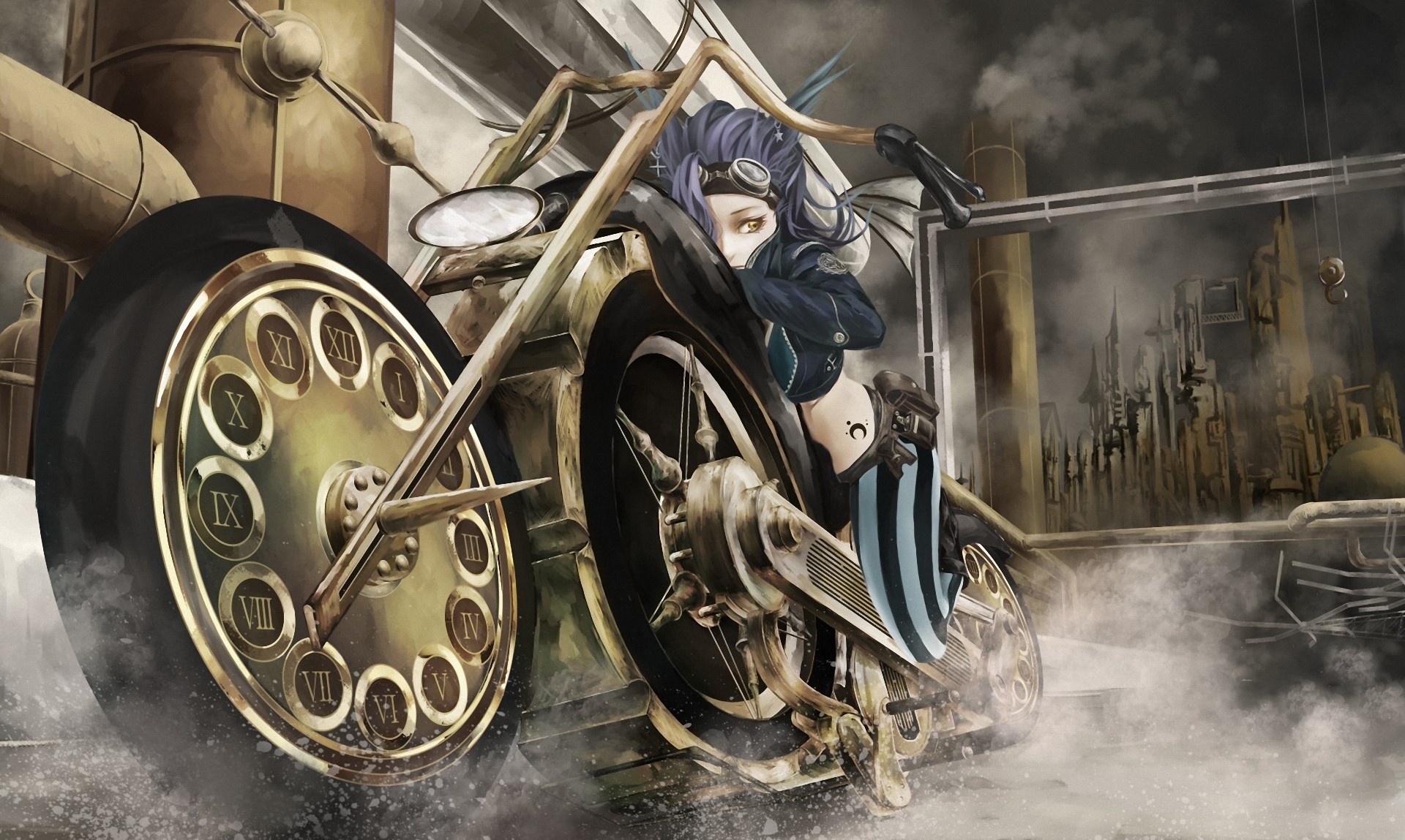 Steampunk girl with purple hair on a clock motorcycle HD Wallpaper