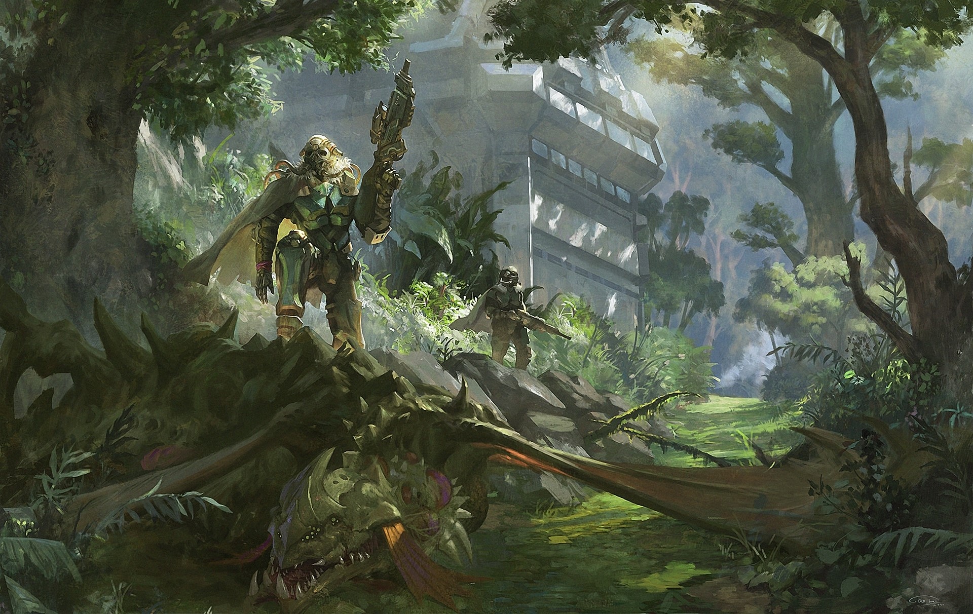 Warriors with guns stand over a dead dragon near a building HD Wallpaper