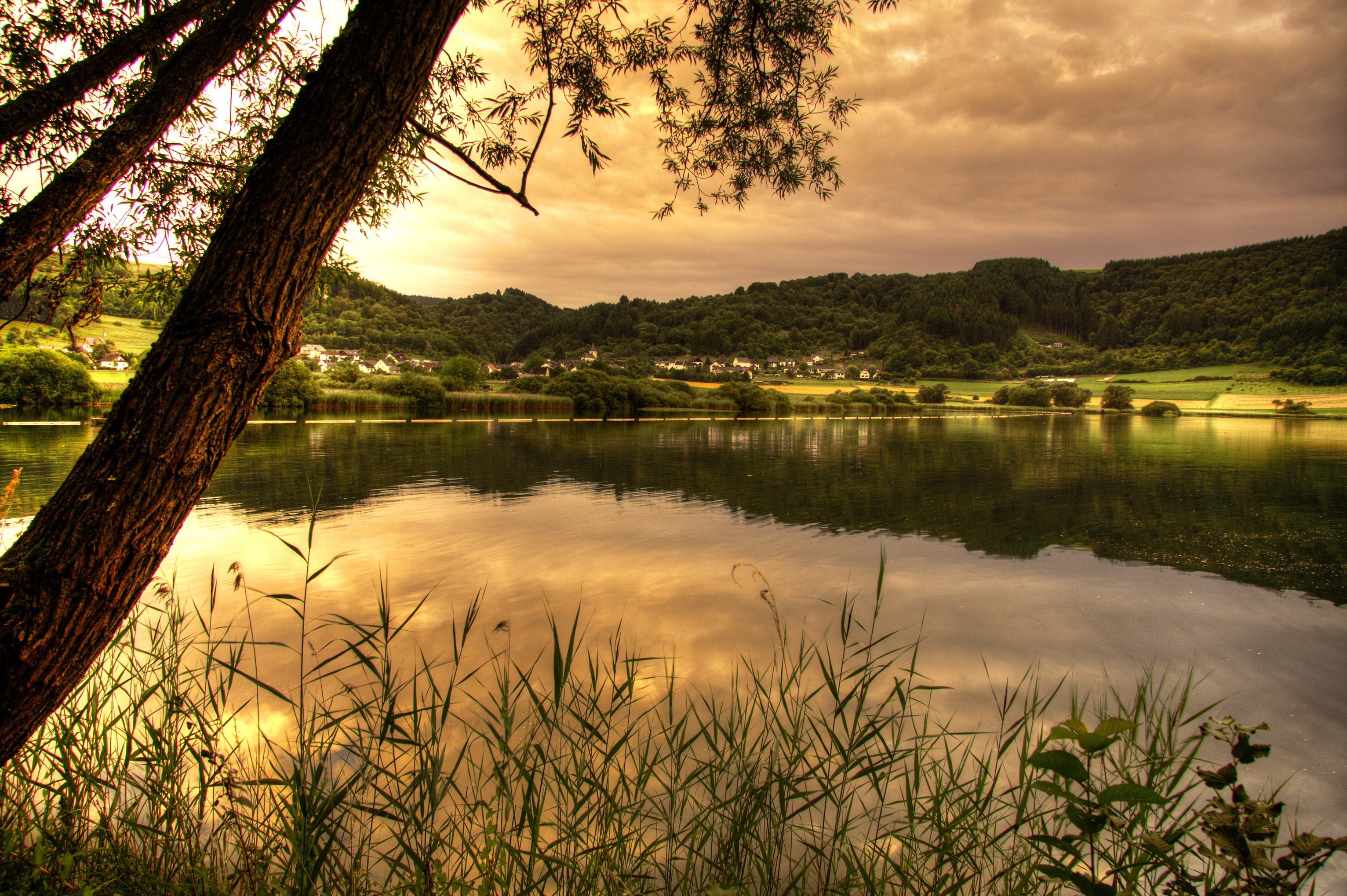 Lake Meerfeld with trees and hills in Germany HD Wallpaper