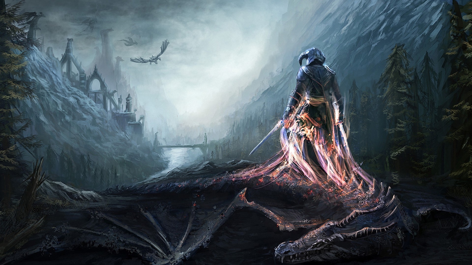 Dragonborn standing over a dragon in Skyrim HD Wallpaper
