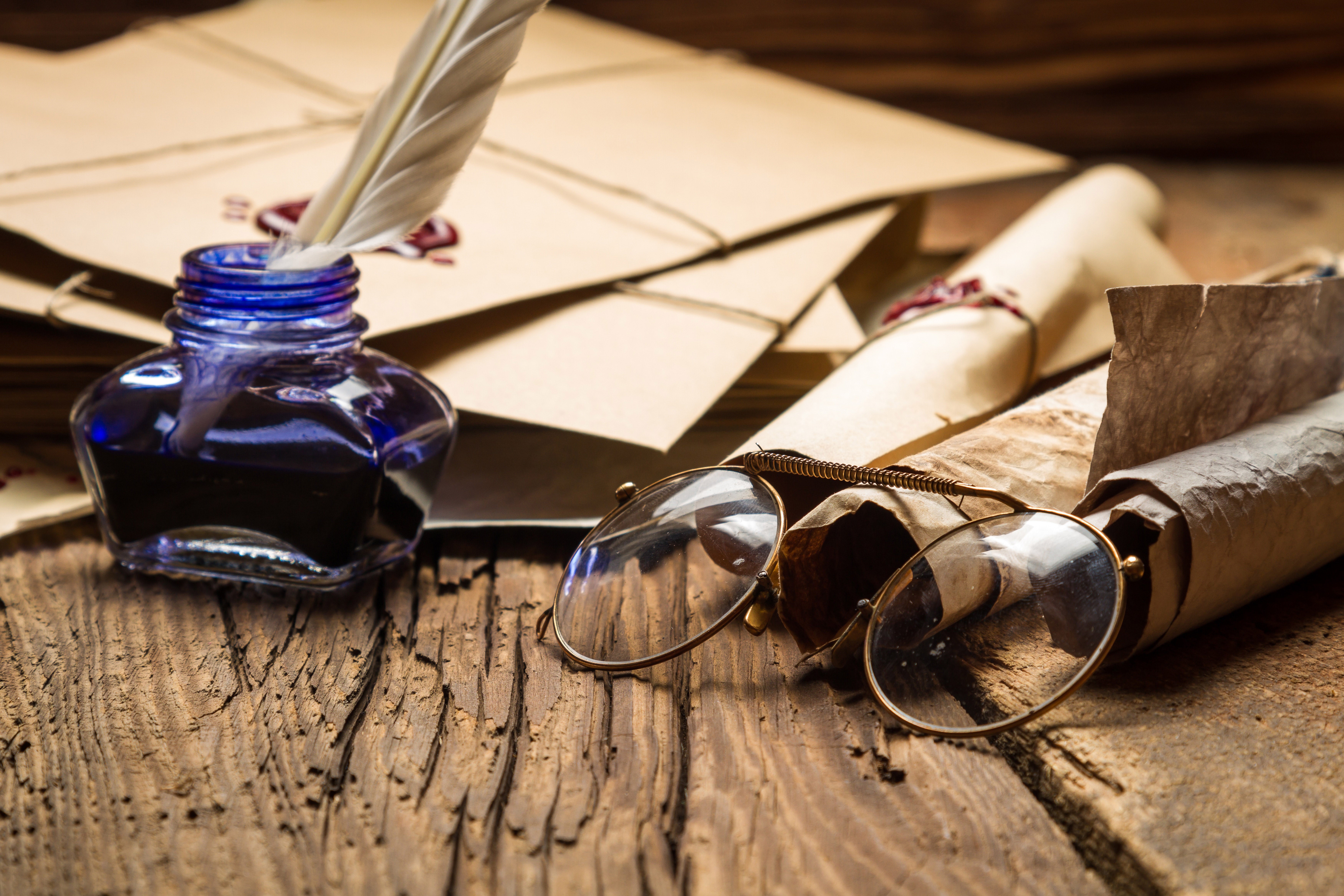 Feathers, Inkwell, Glasses, and Scrolls HD Wallpaper