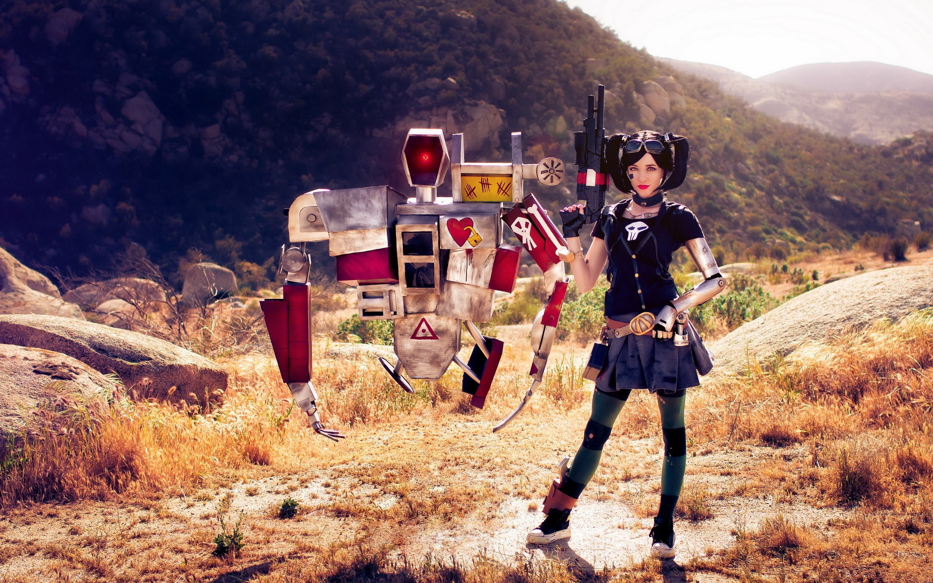 Girl with robot in a desert landscape HD Wallpaper