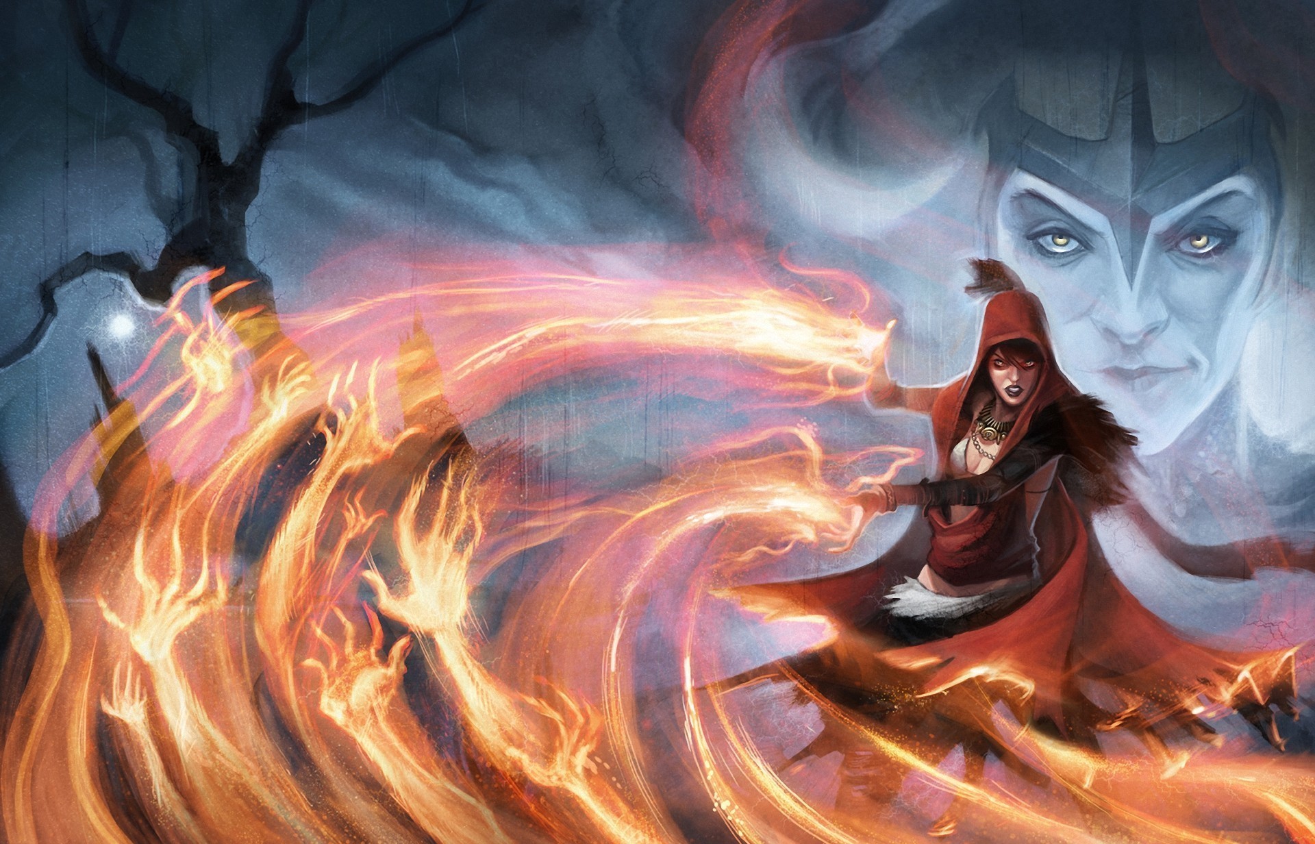 Sorceress casting fire magic in Dragon Age HD Wallpaper