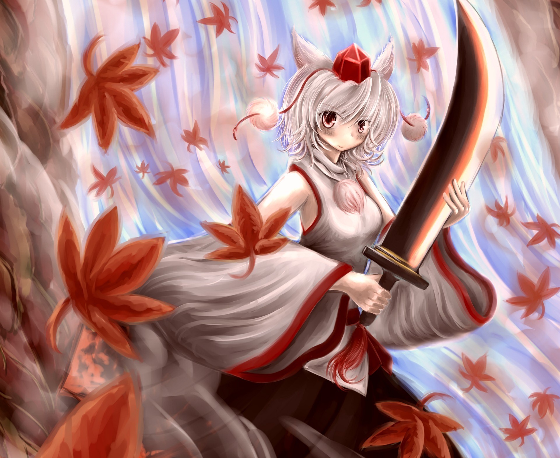 Anime girl with sword and falling maple leaves HD Wallpaper