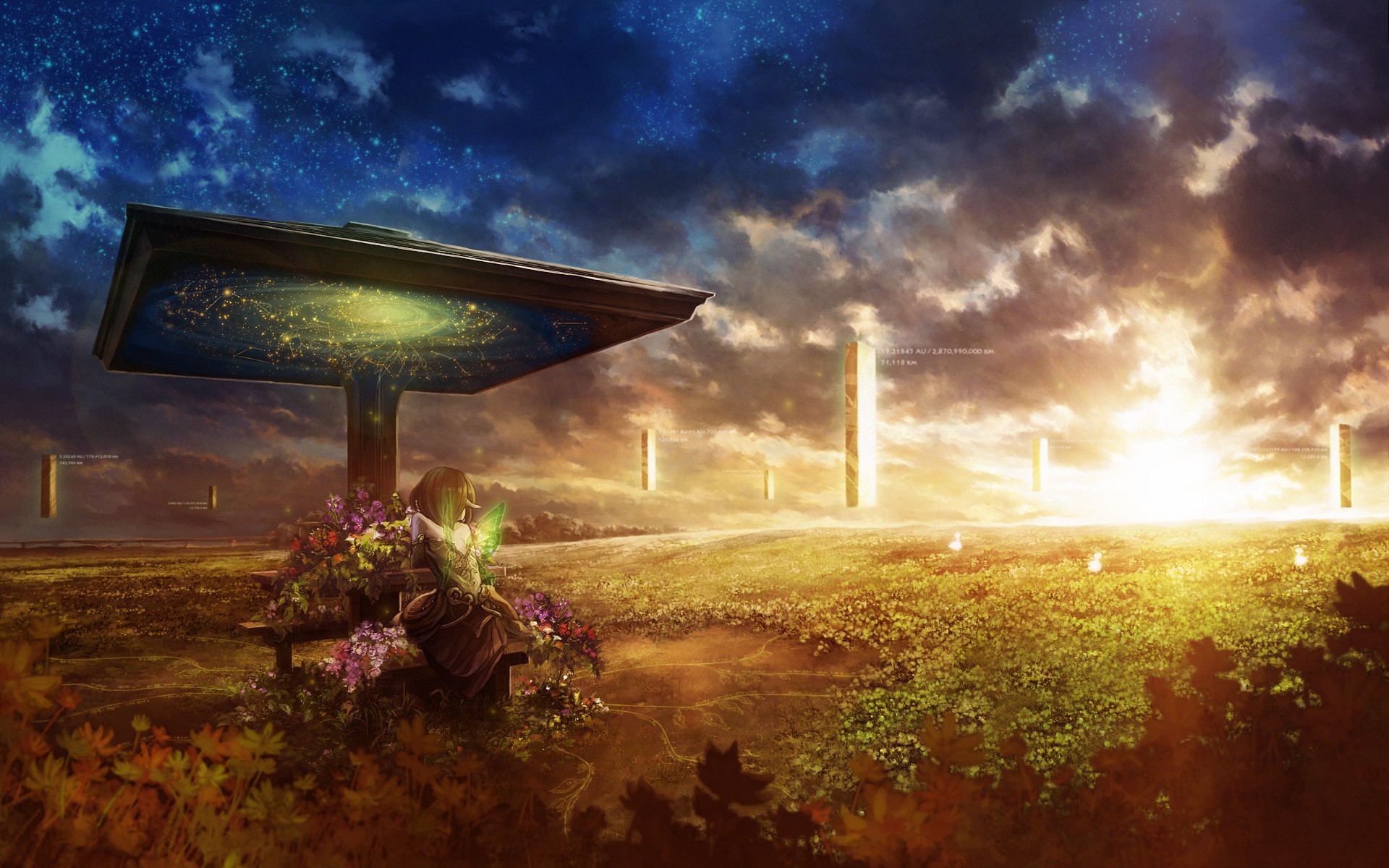Girl sitting under a canopy in a field with monoliths HD Wallpaper