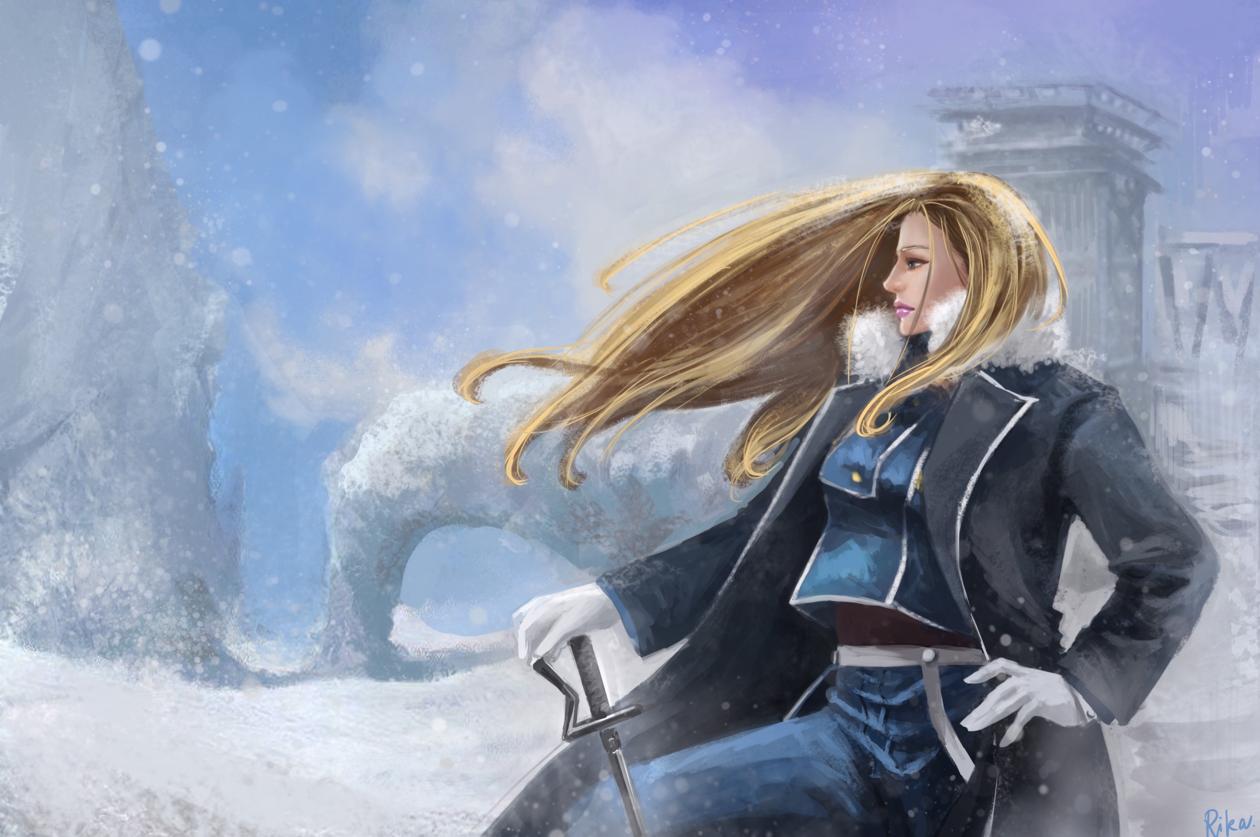 Blonde woman in military uniform in snowy landscape HD Wallpaper