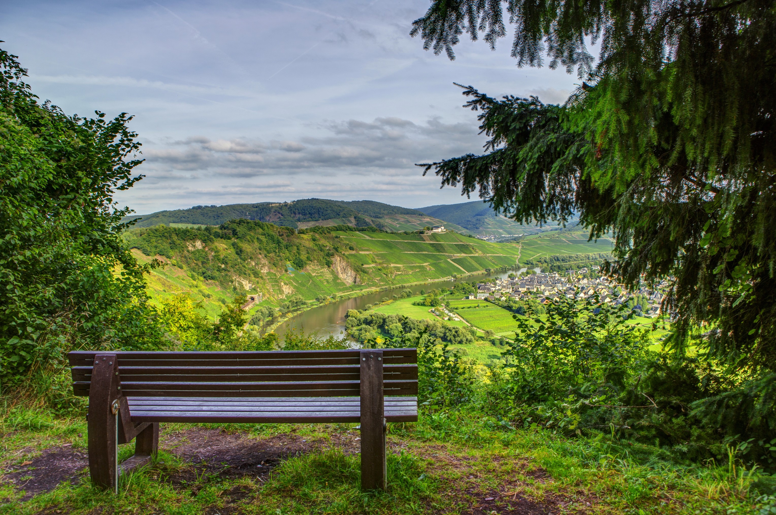 Bench overlooking Moselle River valley in Germany HD Wallpaper