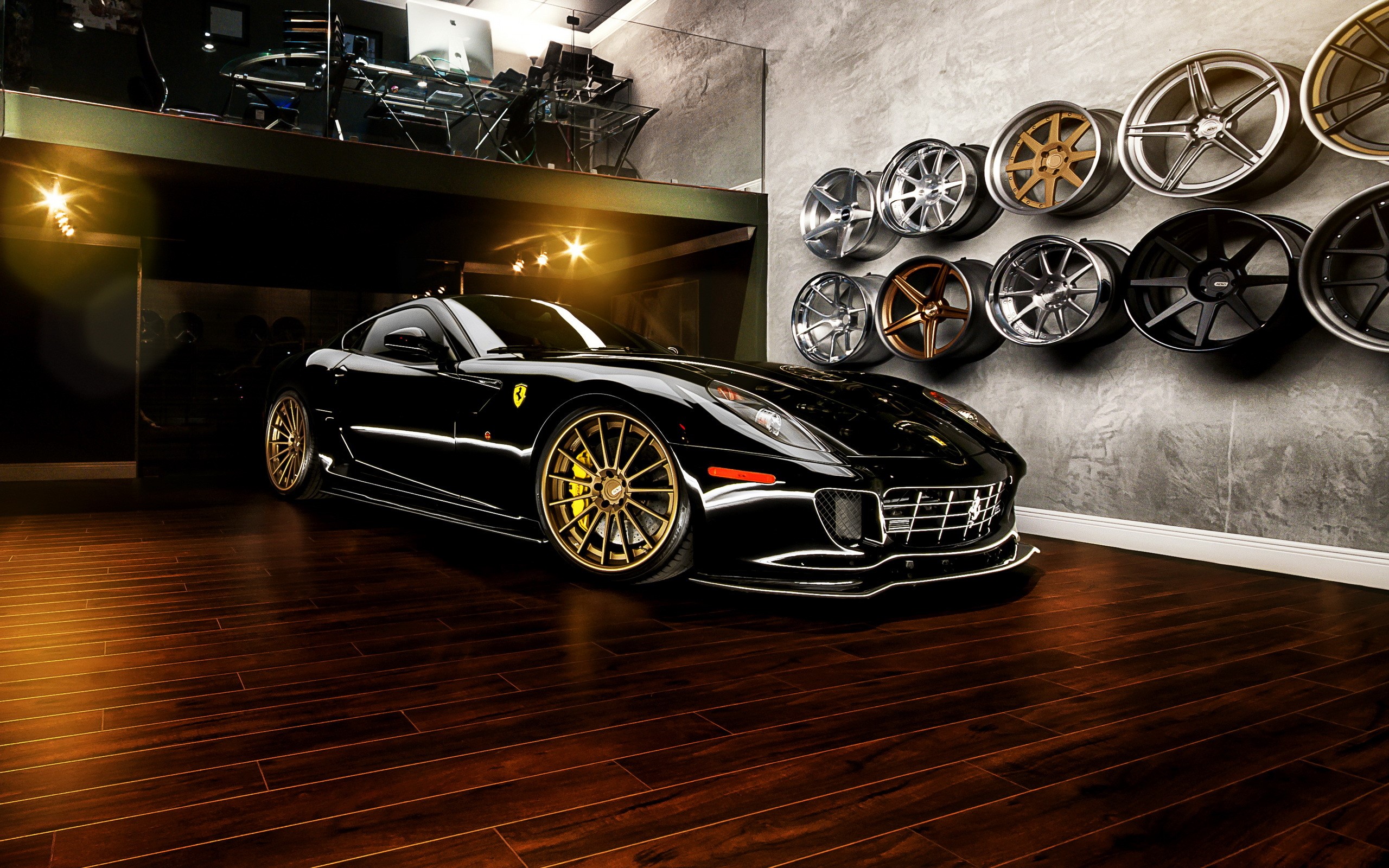 Black Ferrari 599 GTB with gold rims HD Wallpaper