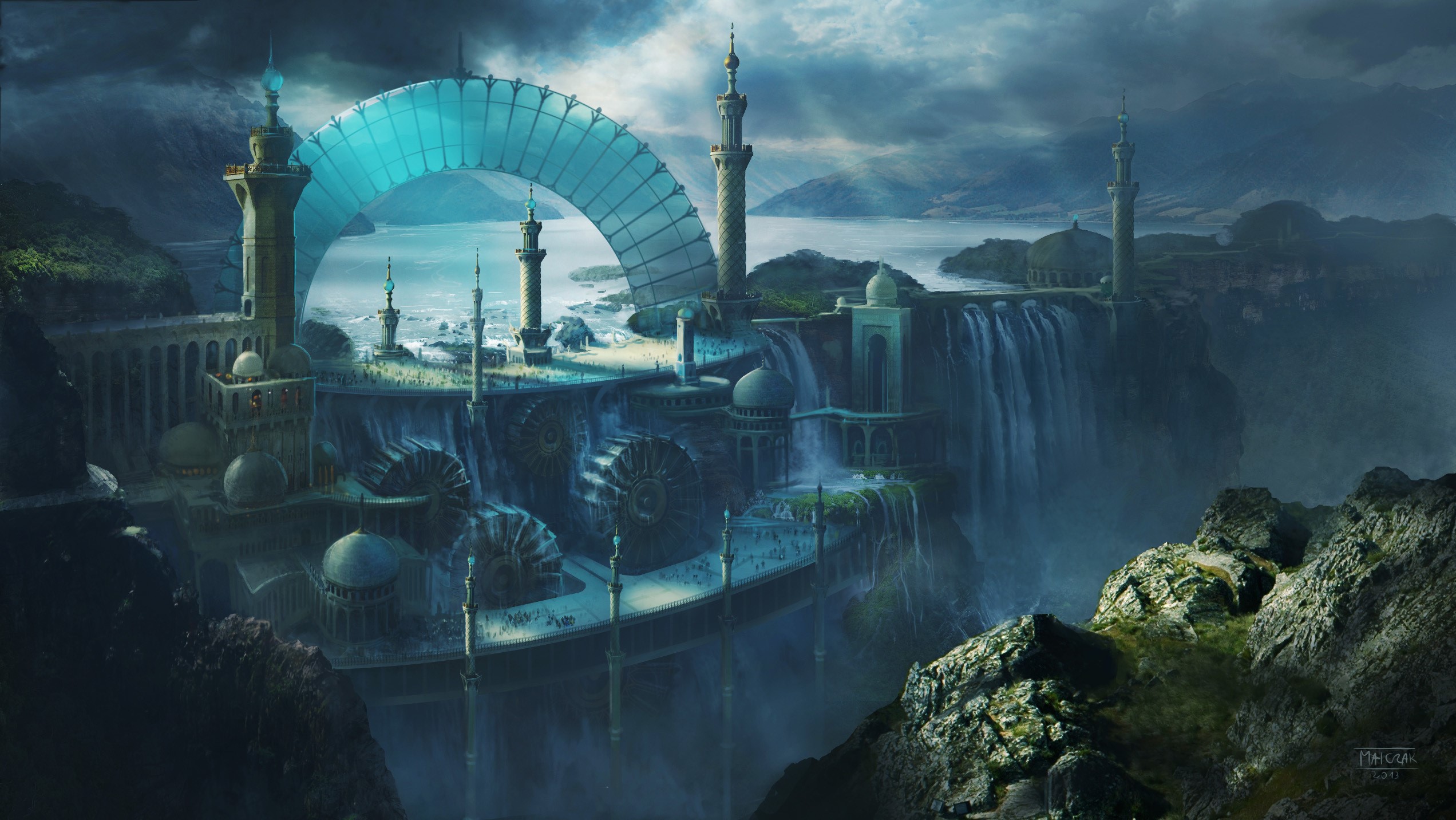 Fantasy city with waterfalls and aqueduct HD Wallpaper