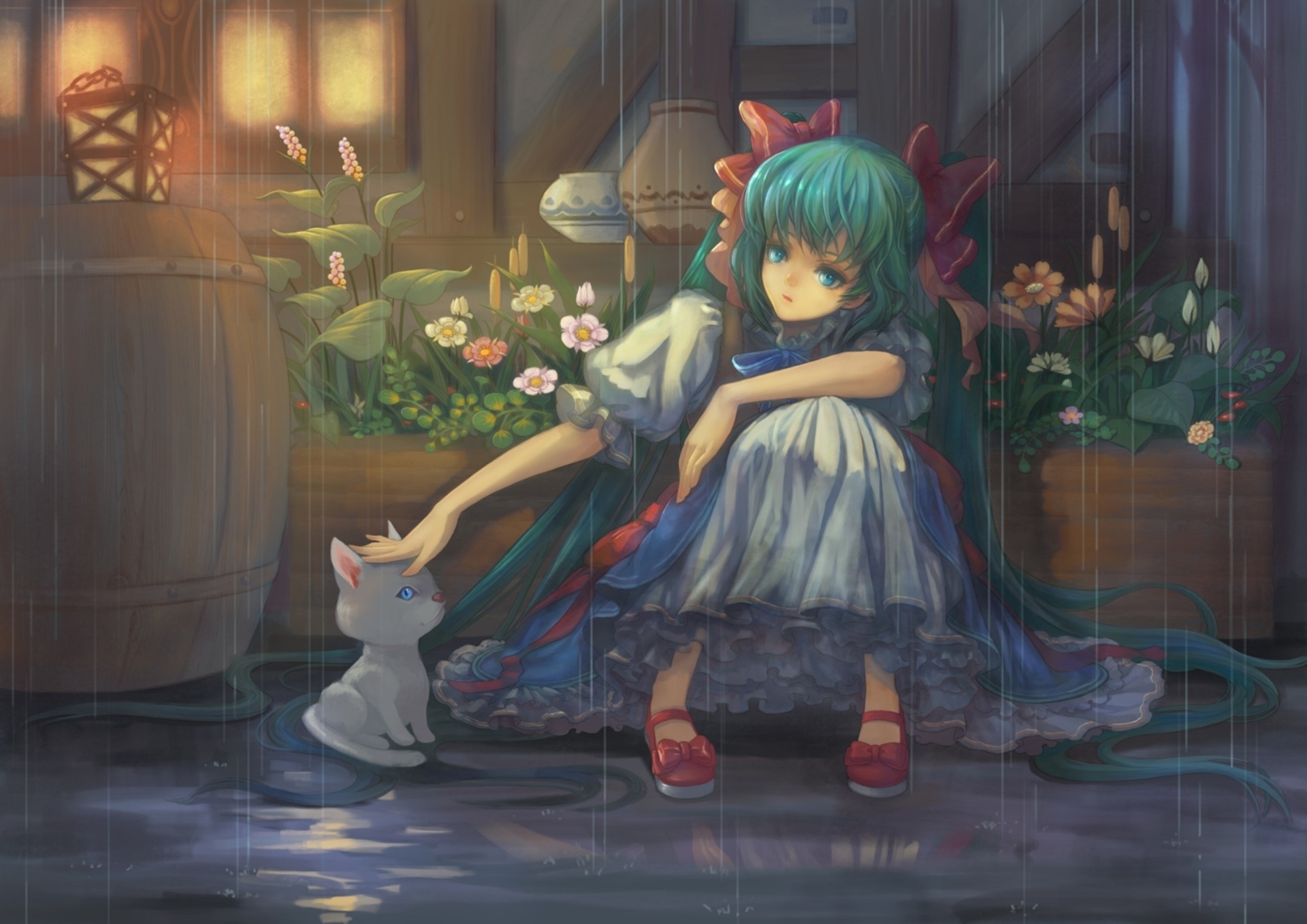 Girl in dress petting a cat in the rain HD Wallpaper