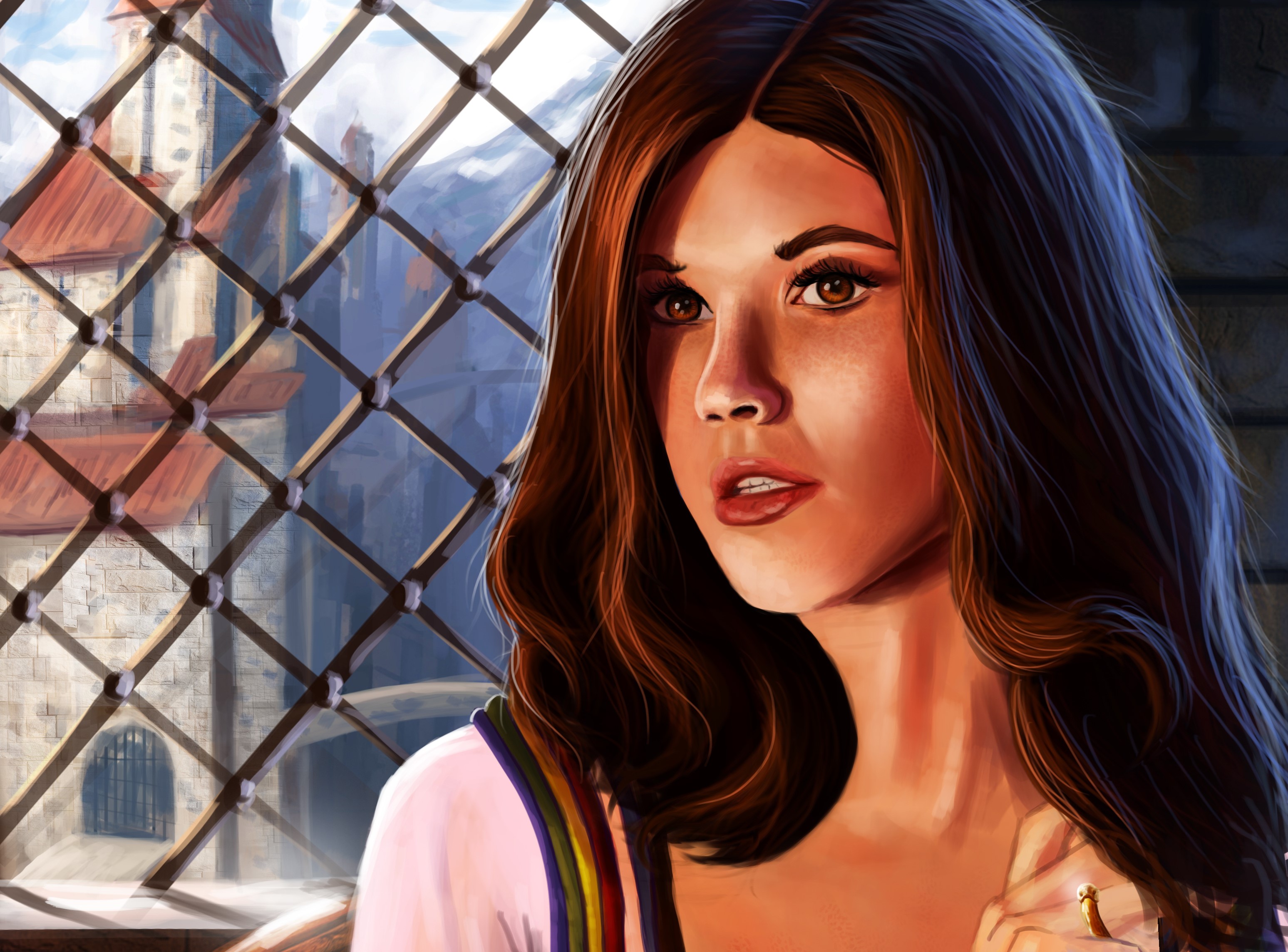 Painting of a brown-haired woman looking through a fence HD Wallpaper
